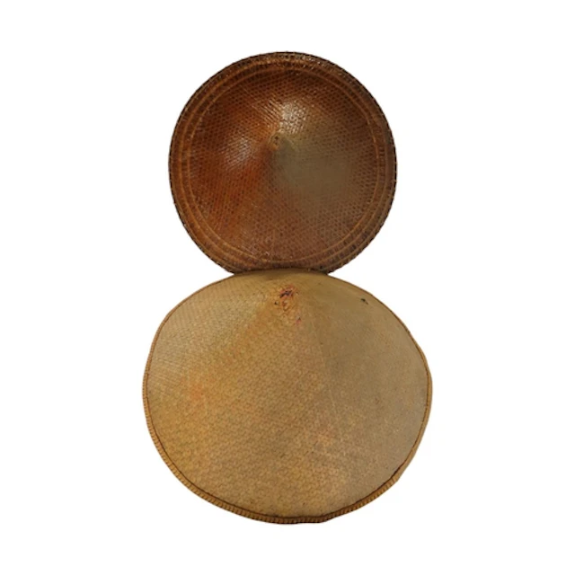 Two antique Asian woven bamboo and cane hats