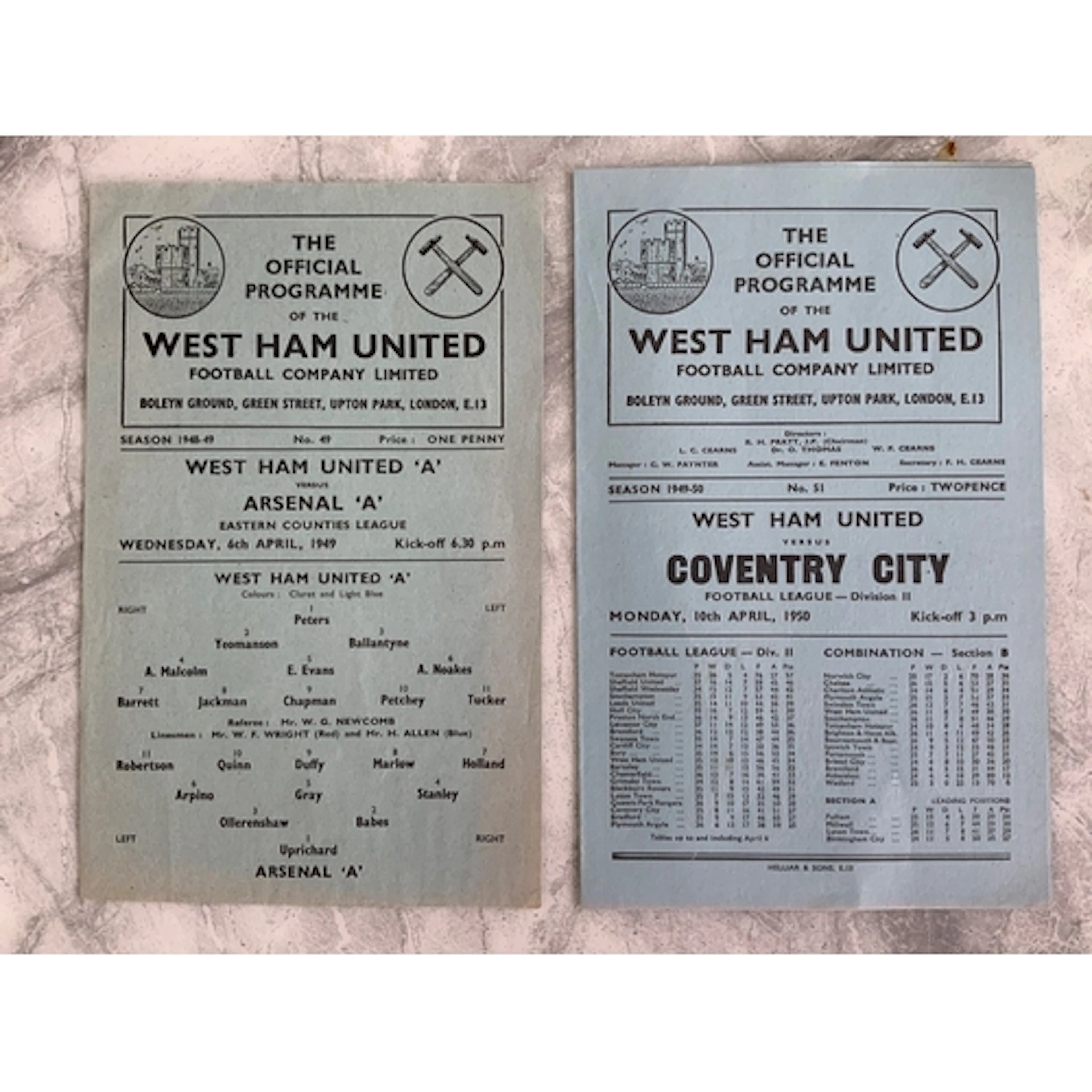 West Ham Home Football Programmes: 48/49 Arsenal Eastern Cou...