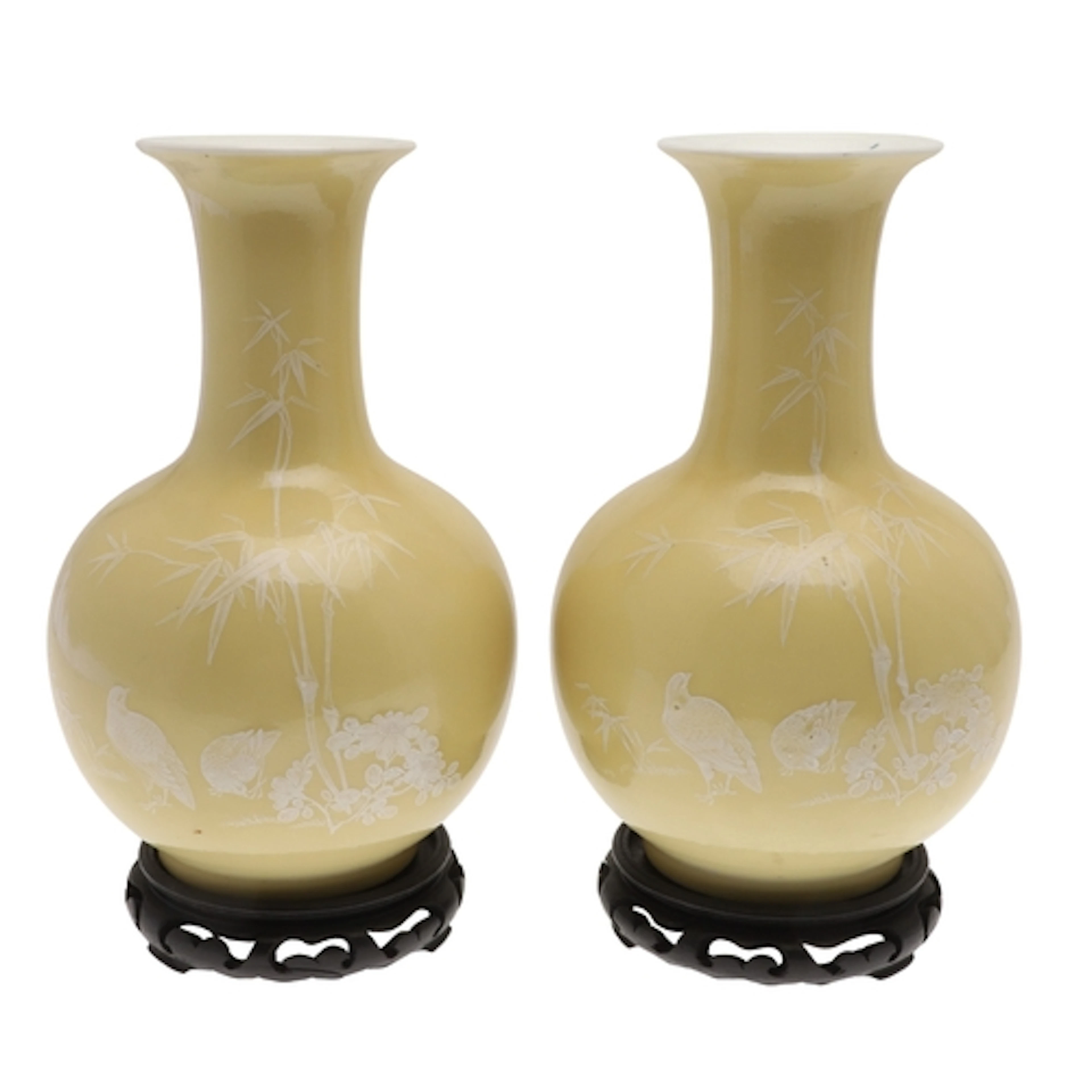 PAIR OF CHINESE SLIP DECORATED PORCELAIN VASES - YELLOW GROU...