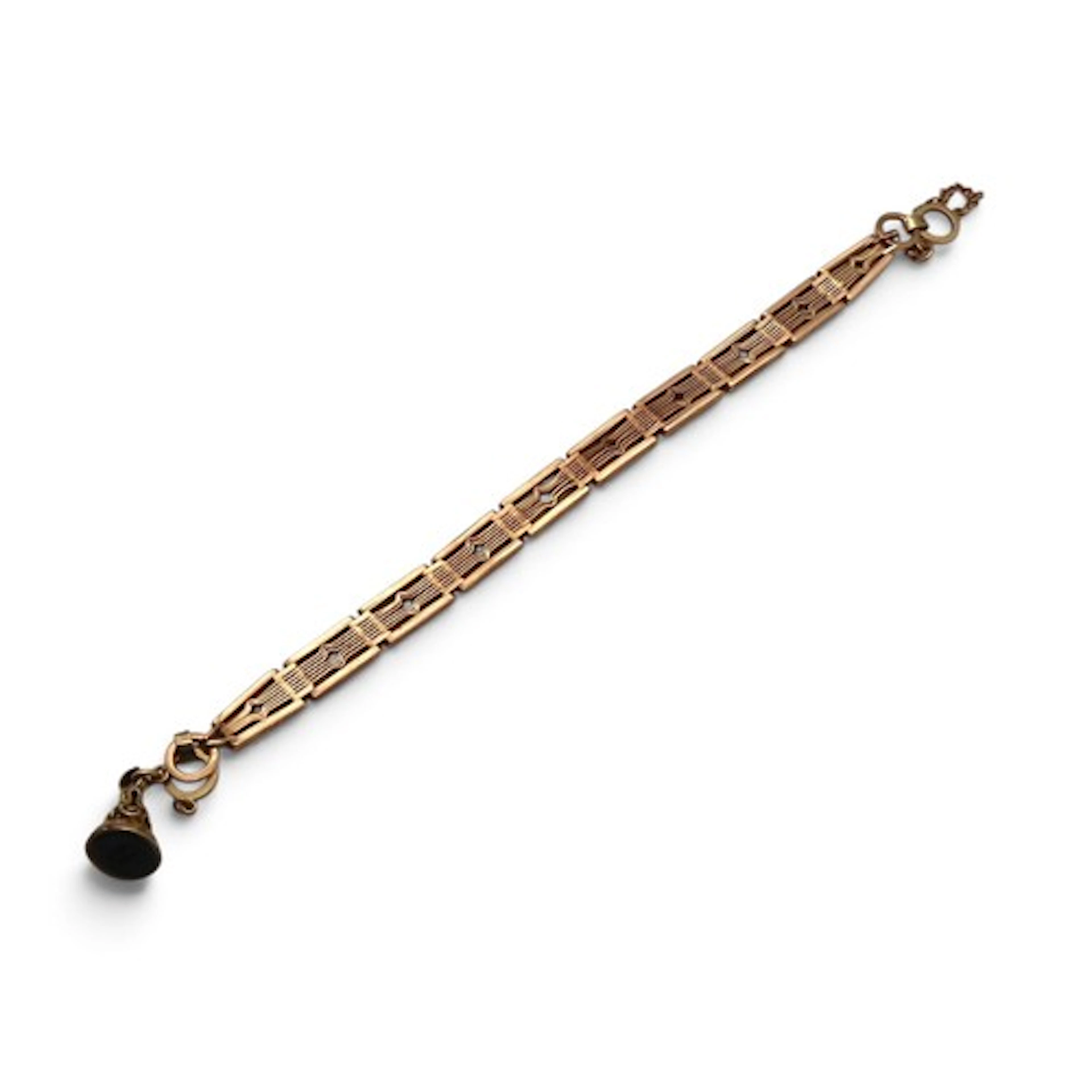 A 9ct gold fancy gate-link bracelet, suspended with a bloods...