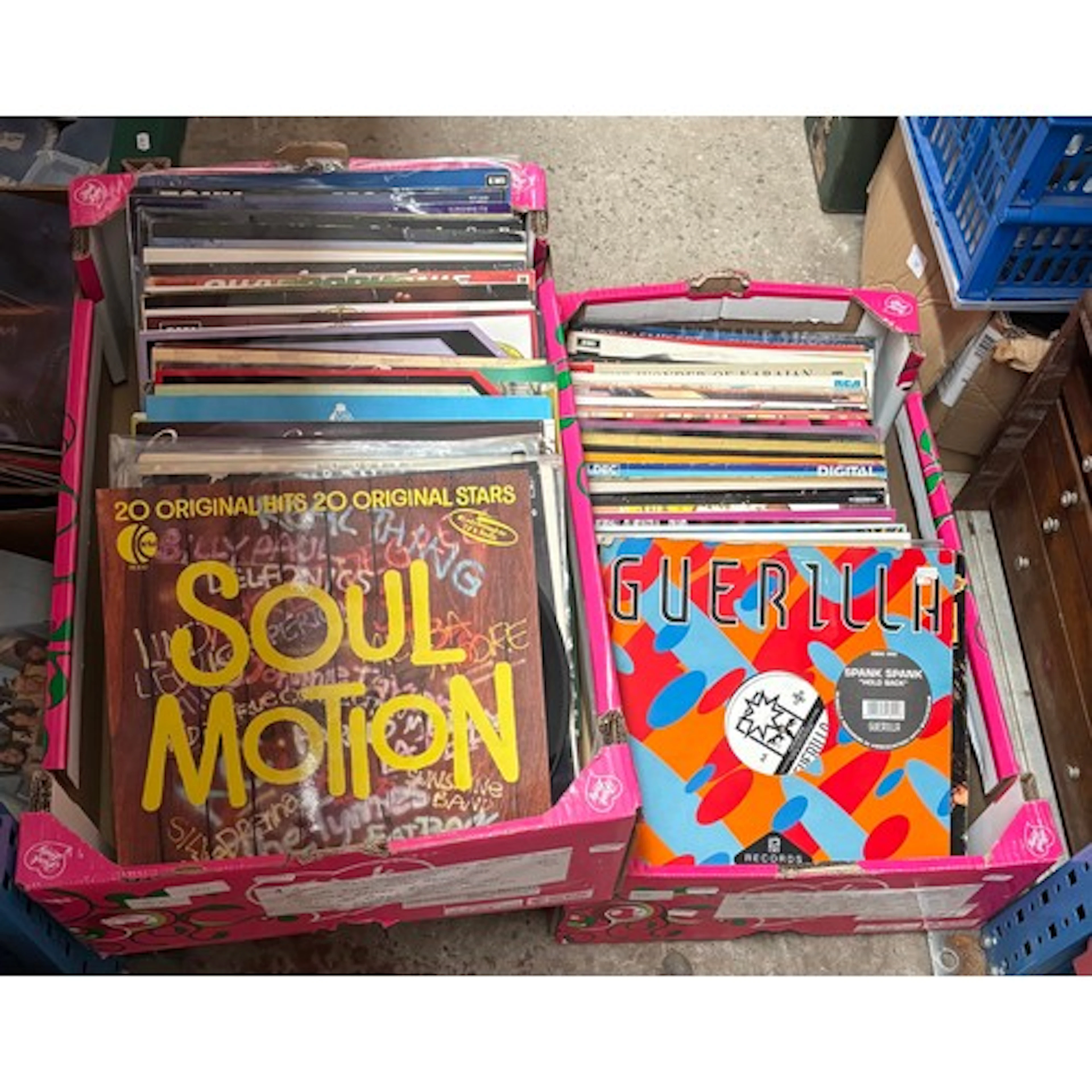 Two boxes of vinyl LP records, rock, pop, jazz, disco, count...