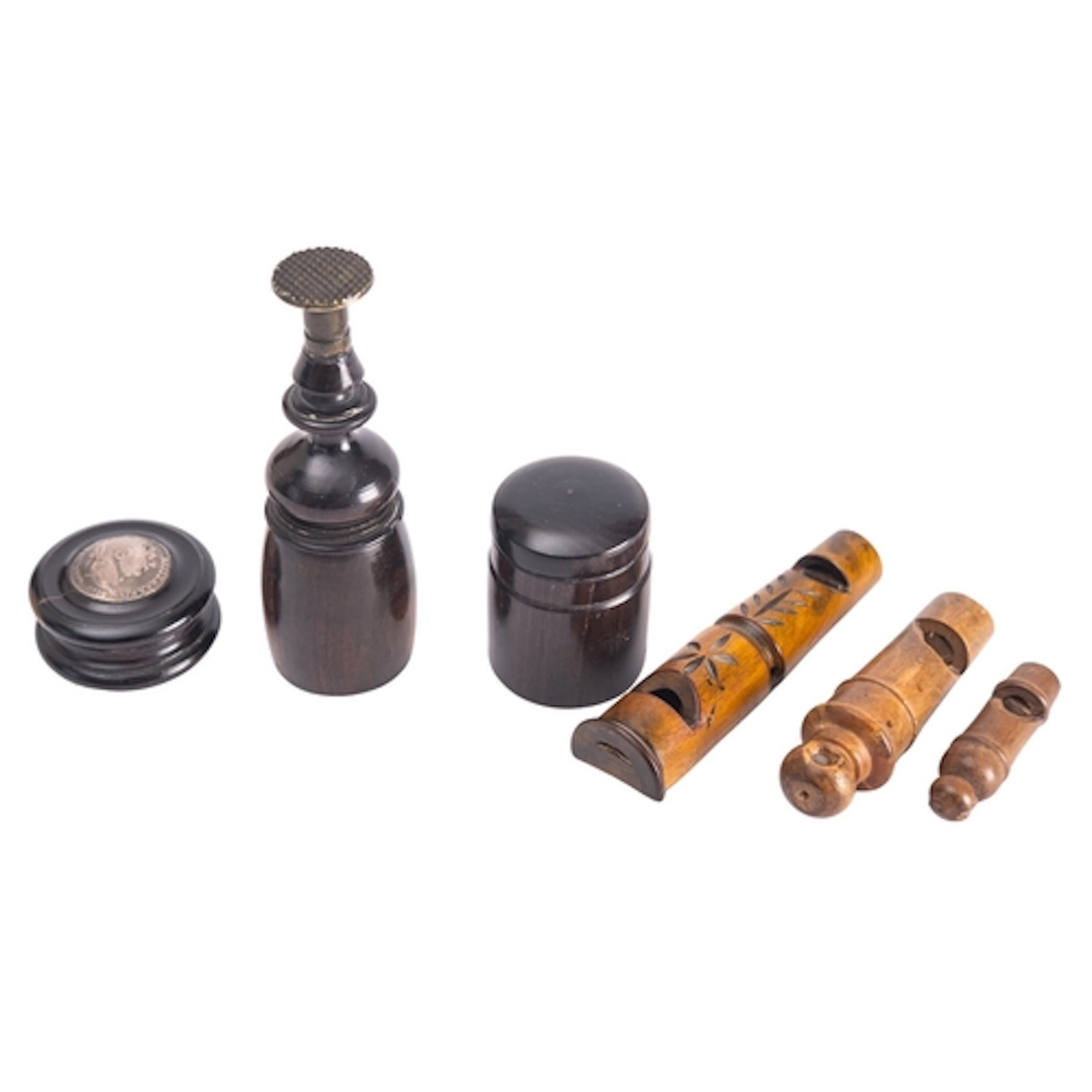 A Victorian turned lignum vitae and brass mounted desk seal,...