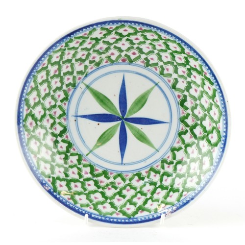 A Chinese blue, white and green porcelain shallow bowl, deco...