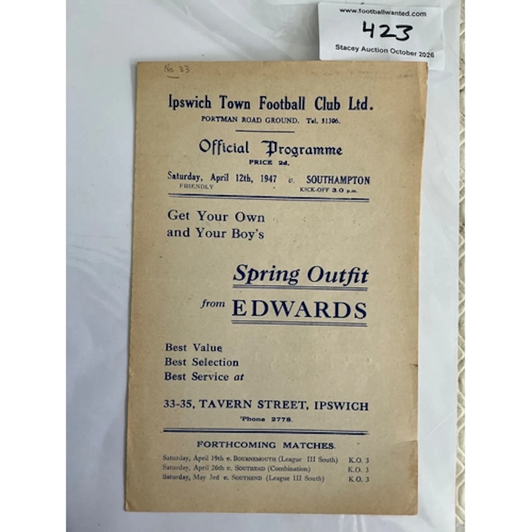 46/47 Ipswich v Southampton Friendly Football Programme: Exc...