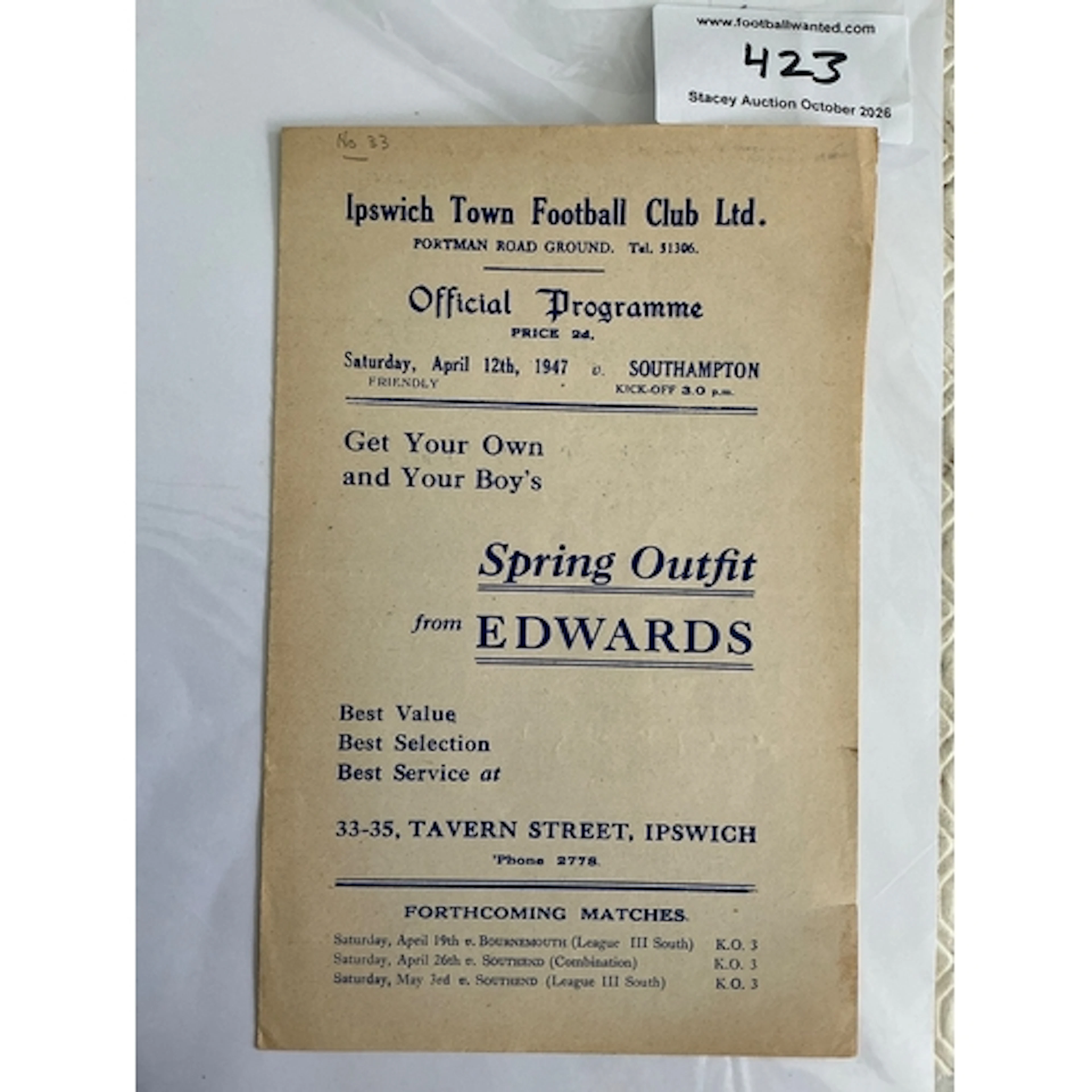 46/47 Ipswich v Southampton Friendly Football Programme: Exc...