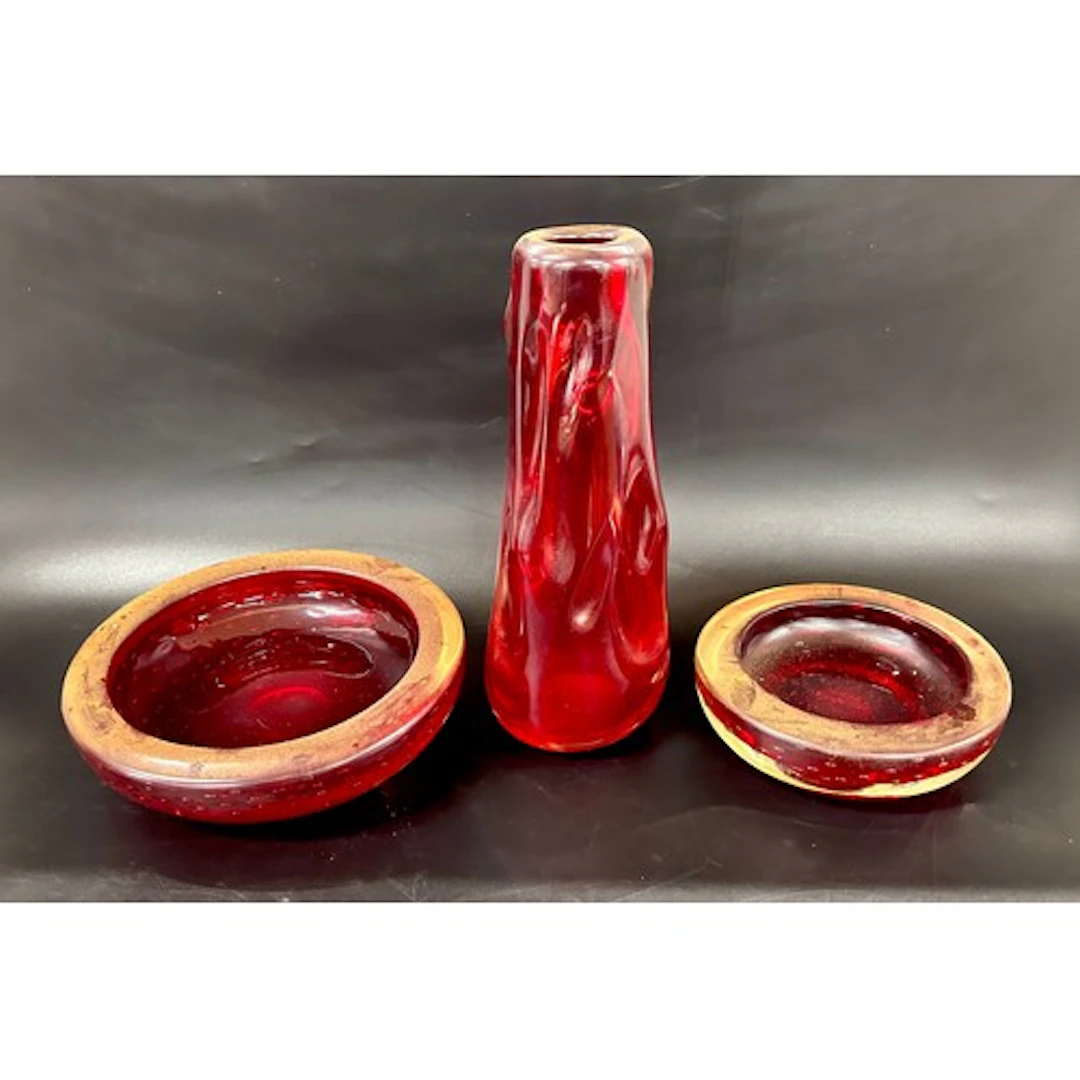 Whitefriars; a Ruby Red 'knobbly' vase designed by Ray Annen...