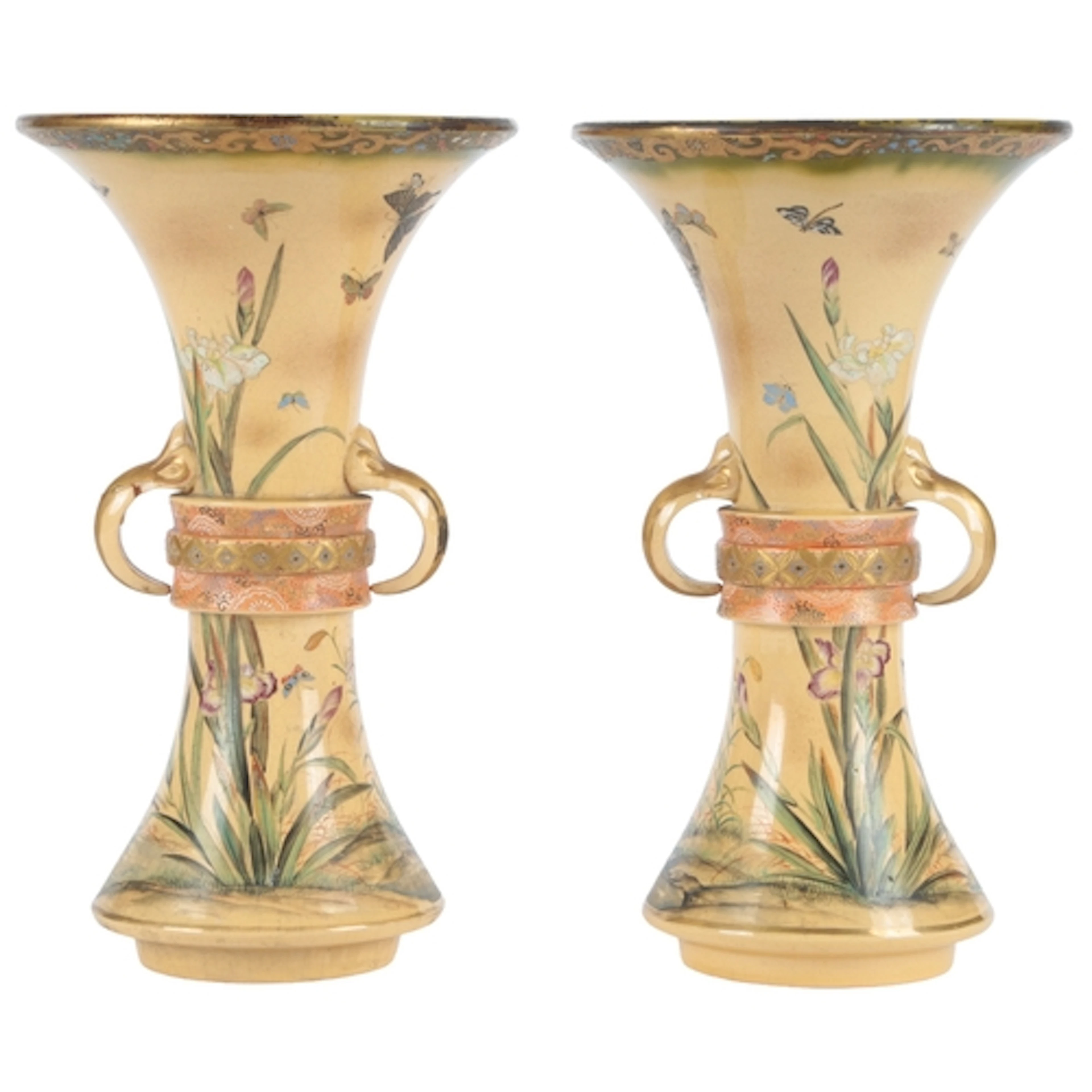 A pair of Japanese Satsuma style pottery beaker-form vases, ...