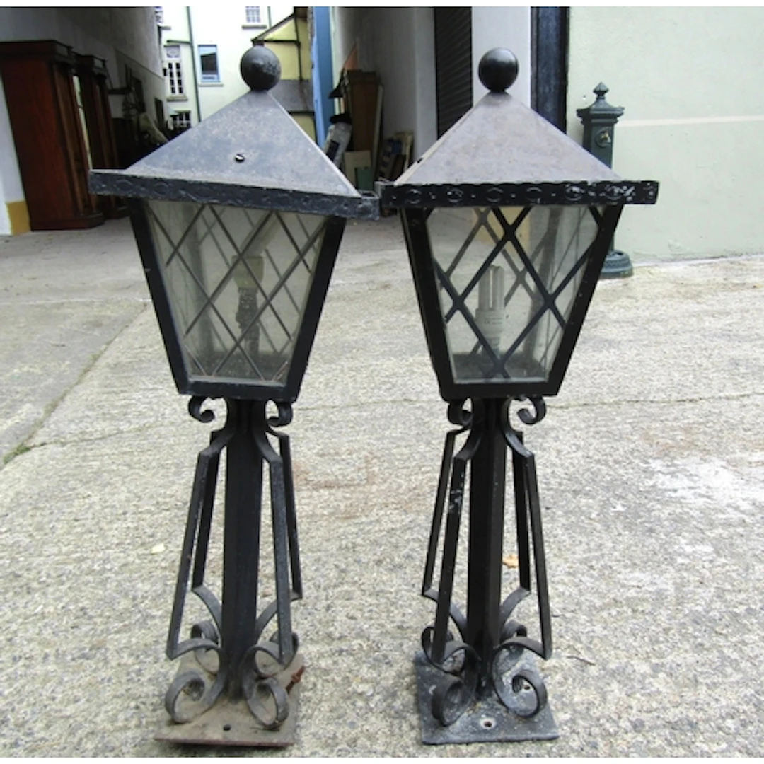 Pair of Wrought Metal Pillar Lanterns Electrified Working Or...