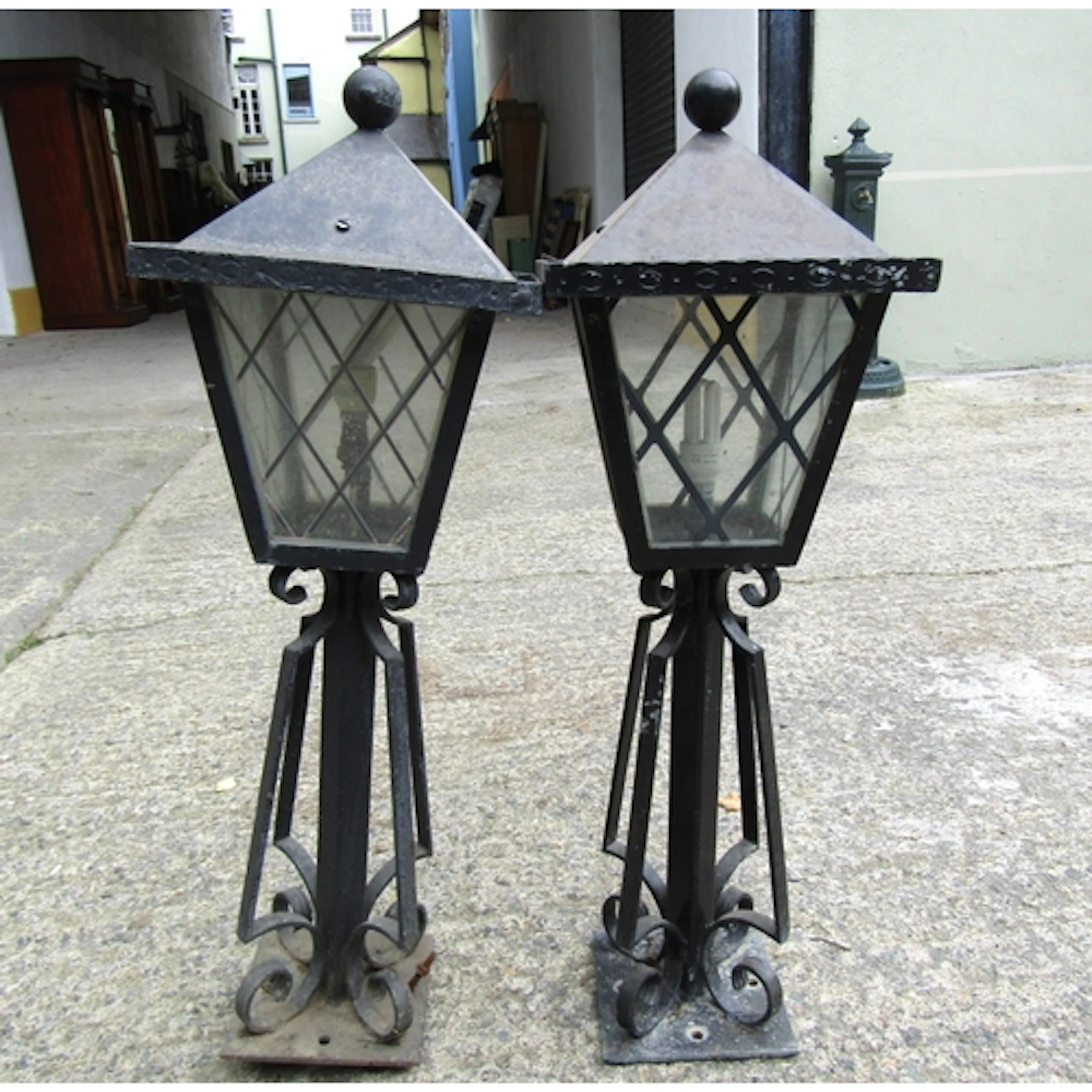Pair of Wrought Metal Pillar Lanterns Electrified Working Or...