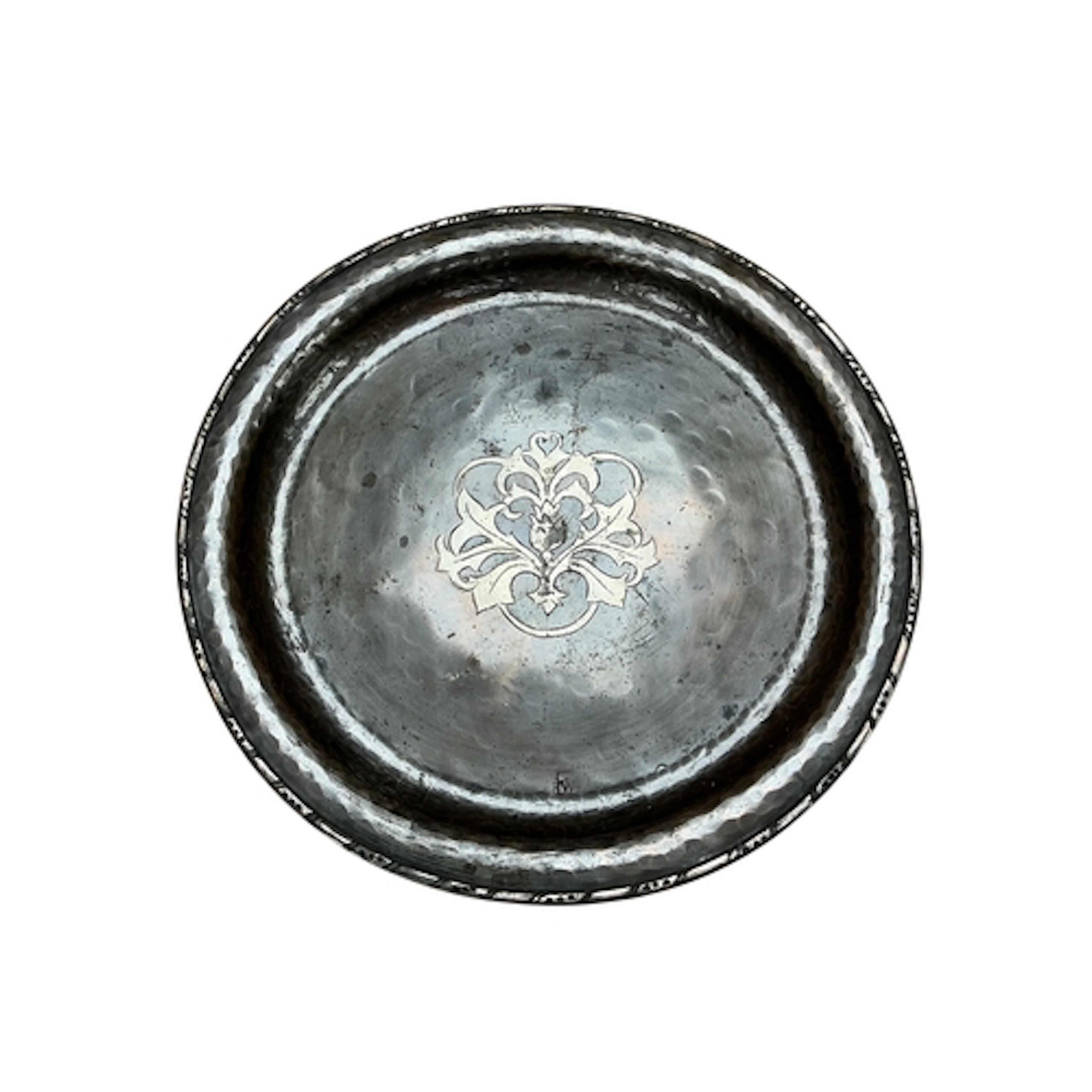 An Arts and Crafts Hugh Wallis hammered copper inlaid dish, ...
