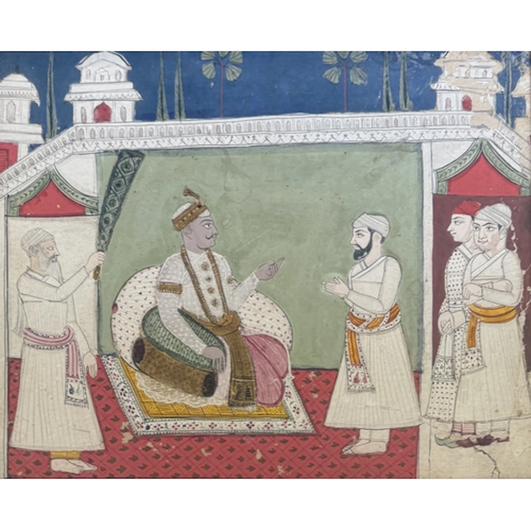 AN 18TH CENTURY INDIAN RAJASTHAN PANTING OF A SEATED MAHARAJ...