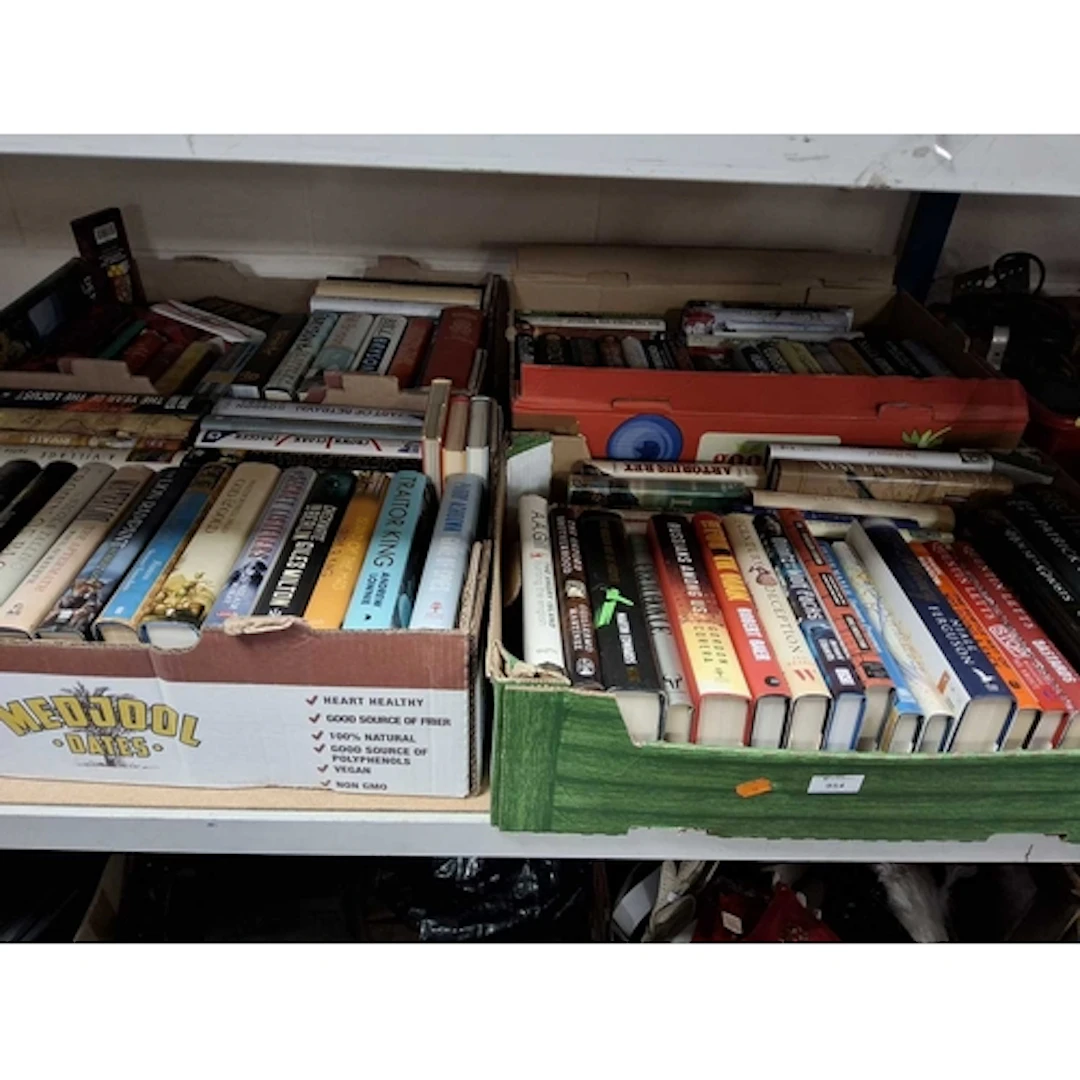 FOUR BOXES OF MOSTLY HARDBACK BOOKS from authors such as Bil...