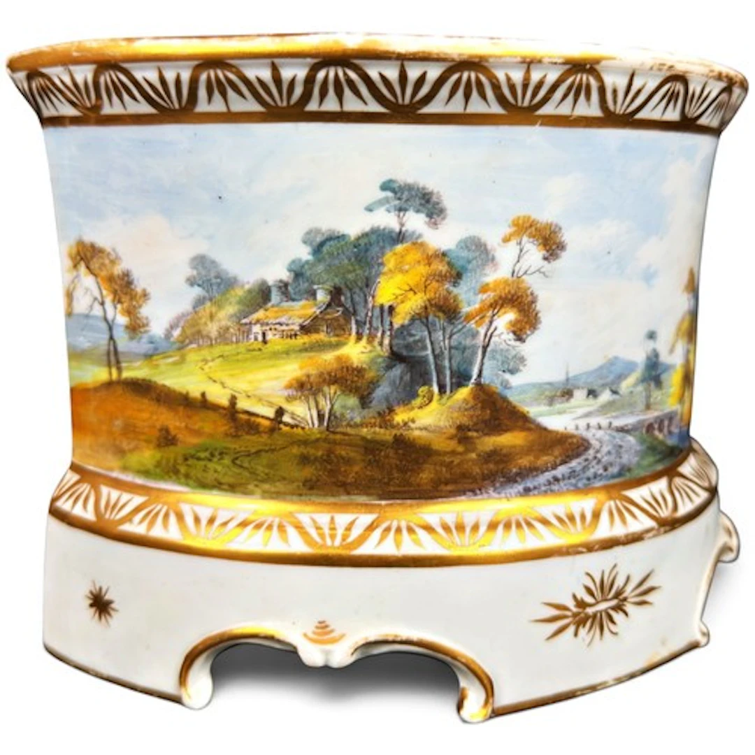 A scarce Pinxton porcelain D-shaped bough pot, decorated wit...