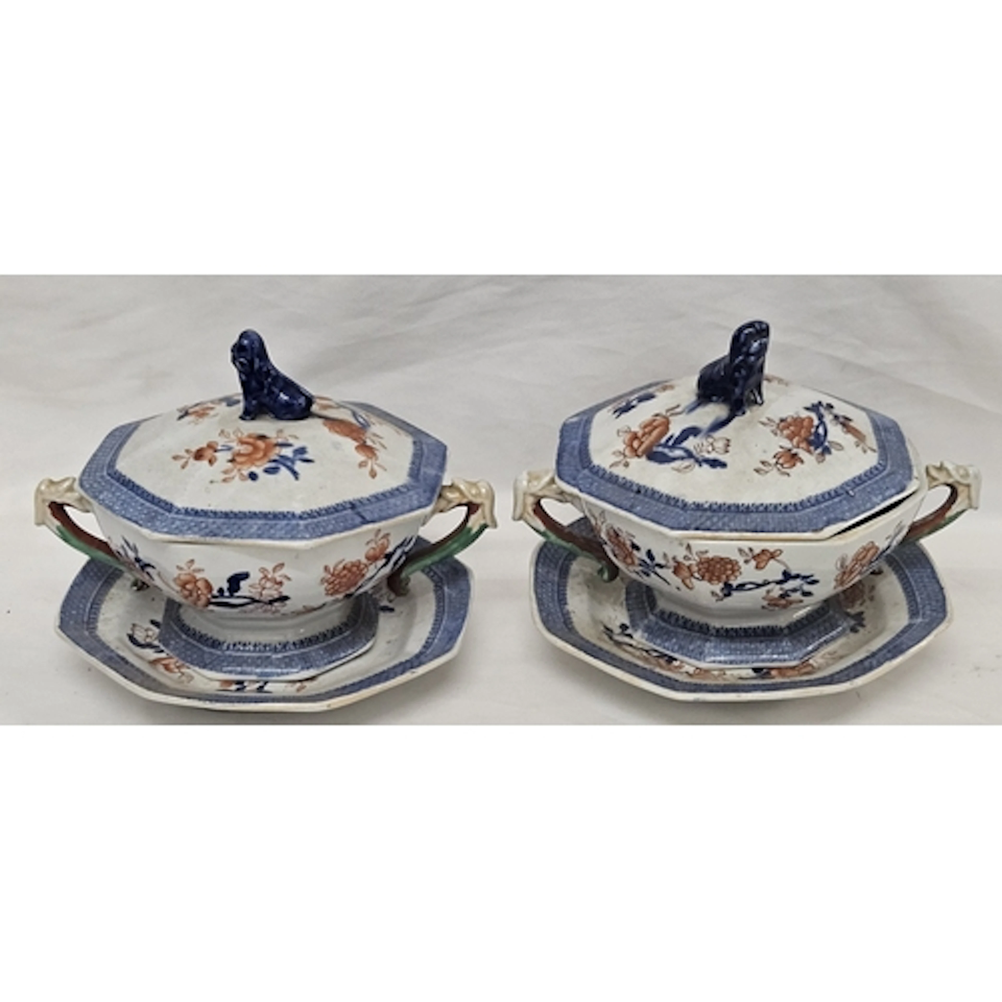Pair Antique Masons Ironstone Octagonal Tureens with under p...