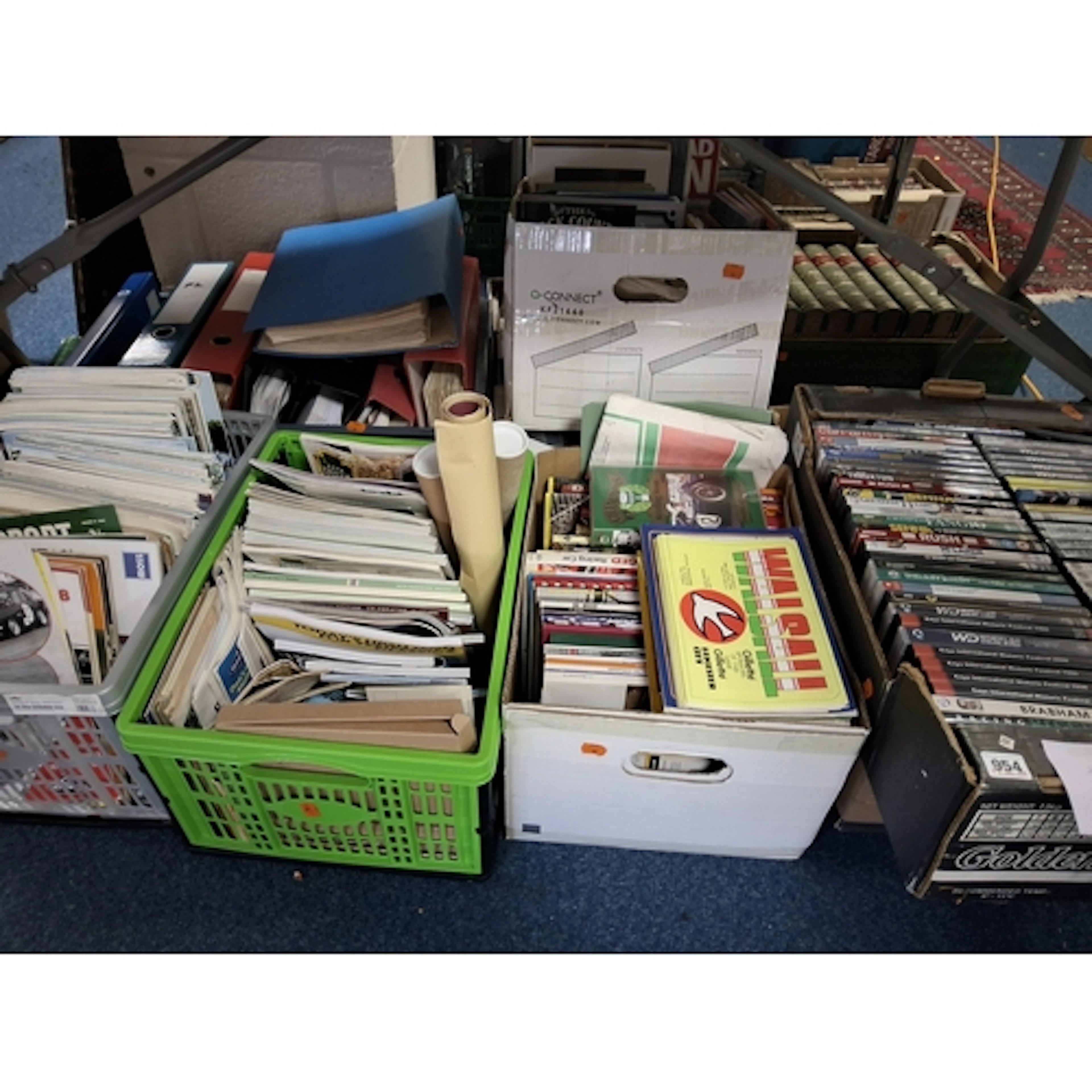 SEVEN BOXES OF CAR MAGAZINES, BOOKS, EPHEMERA, DVDS, VHS TAP...