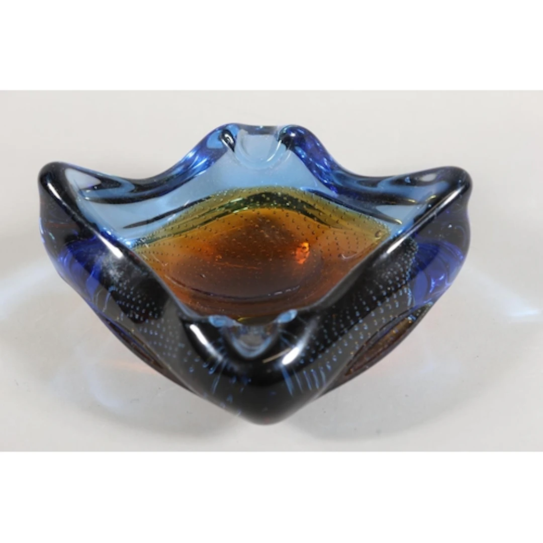 Art glass sculptured dish with air bubble design in blue and...