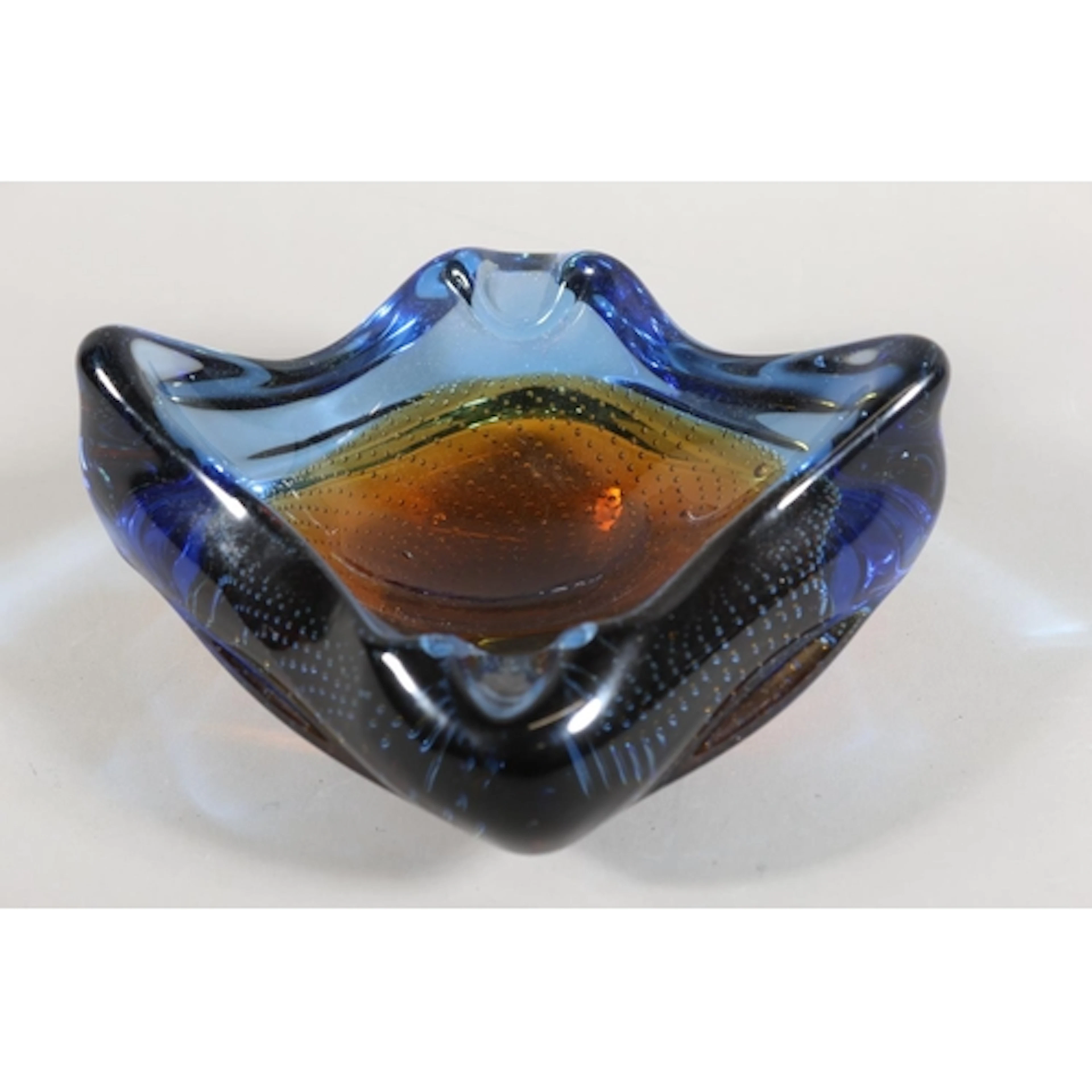 Art glass sculptured dish with air bubble design in blue and...