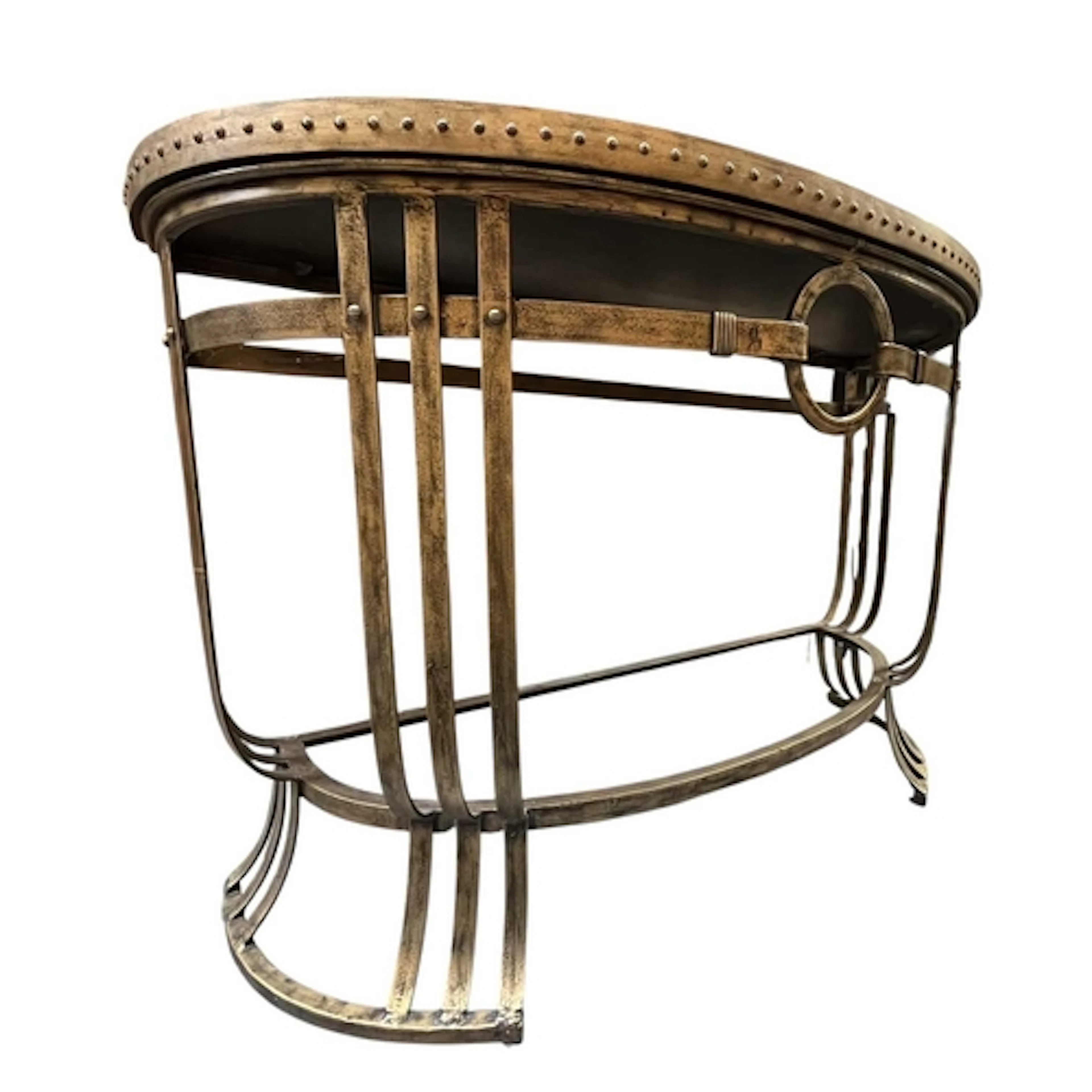 A contemporary Hollywood Revival metal console table. The ta...