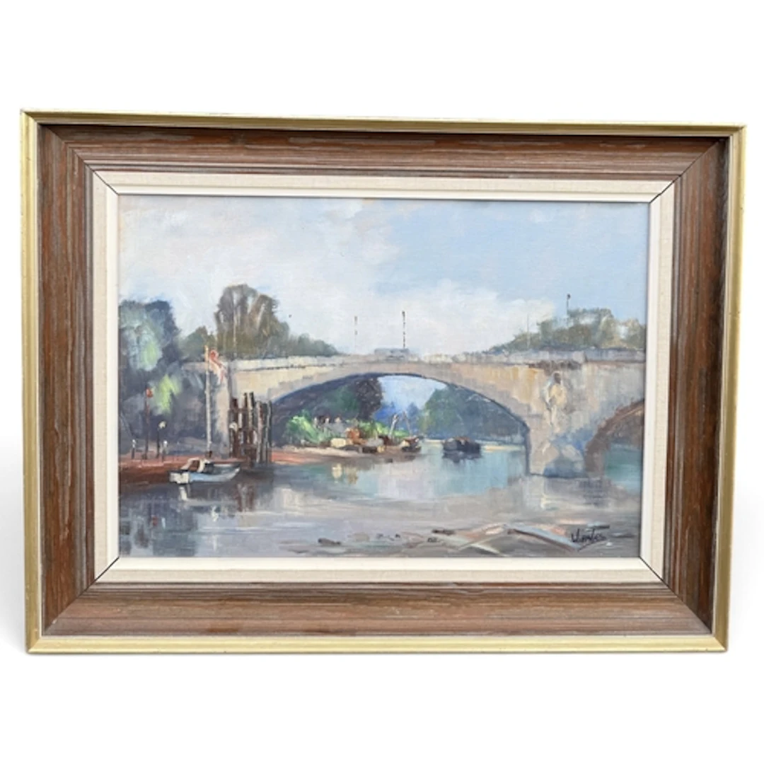W.DAVIES: HAM BRIDGE Oil on canvas. 50cm x 35cm Framed. Labe...