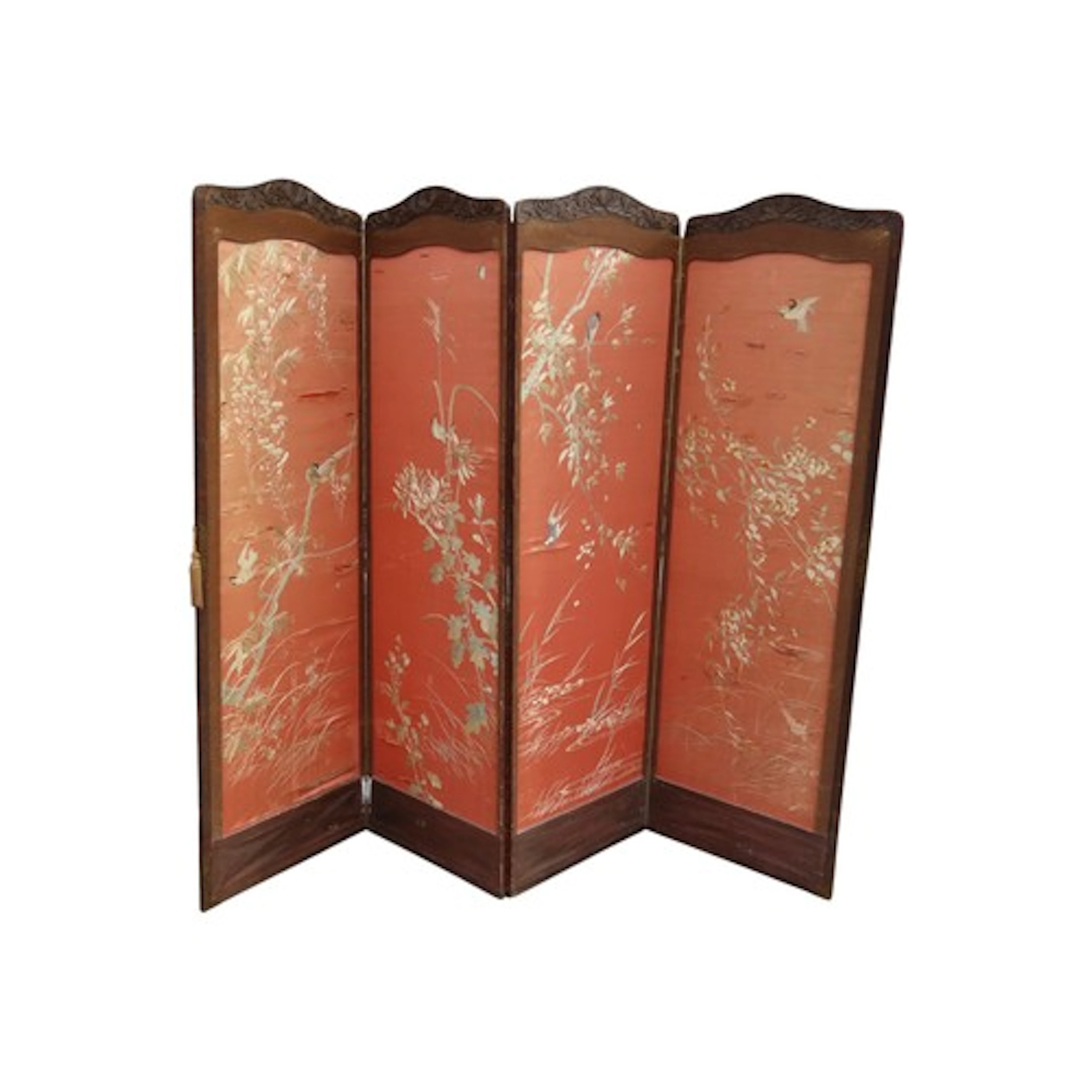 A vintage floorstanding four fold screen with arched outline...