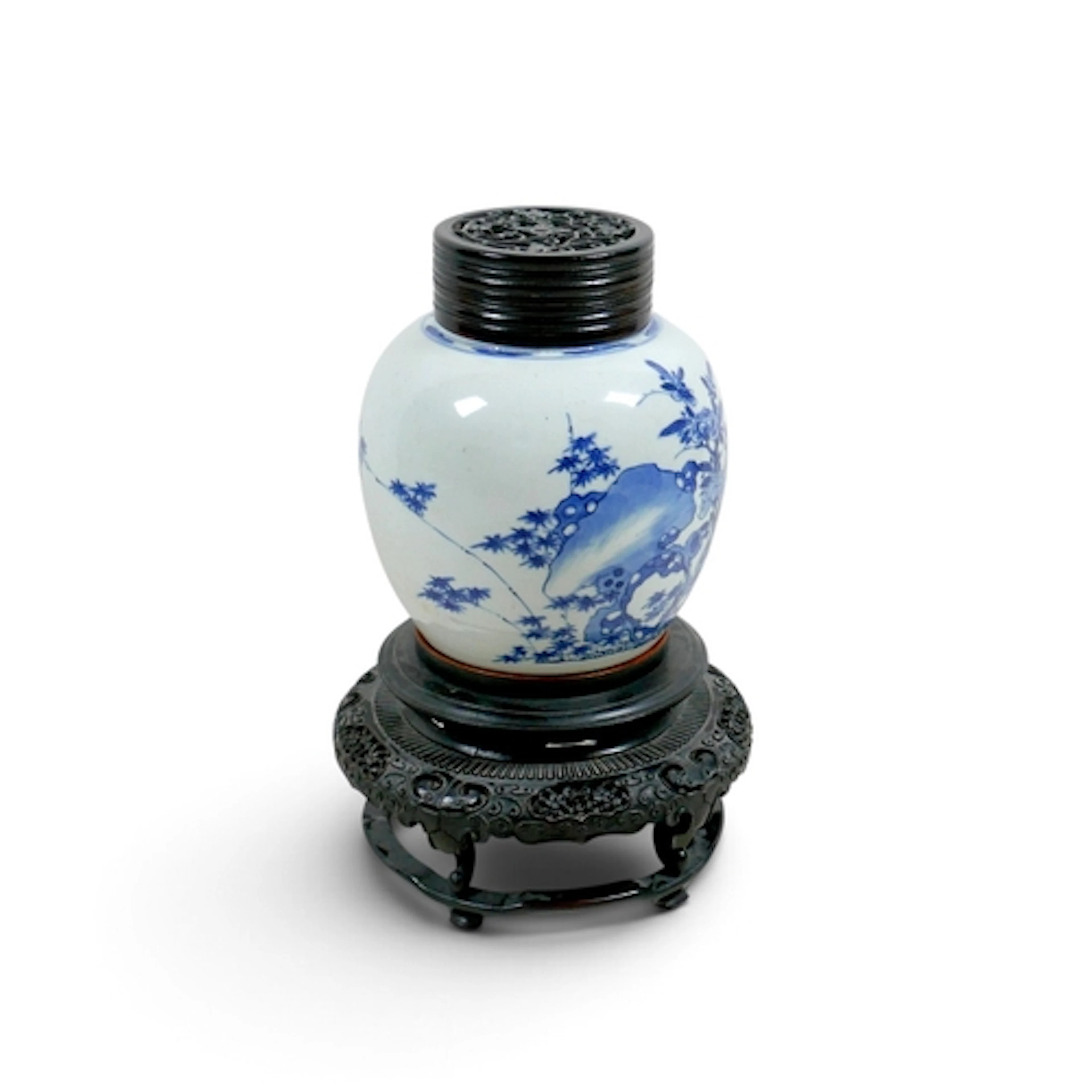 A 19TH CENTURY CHINESE PORCELAIN GINGER JAR ON STAND. blue a...