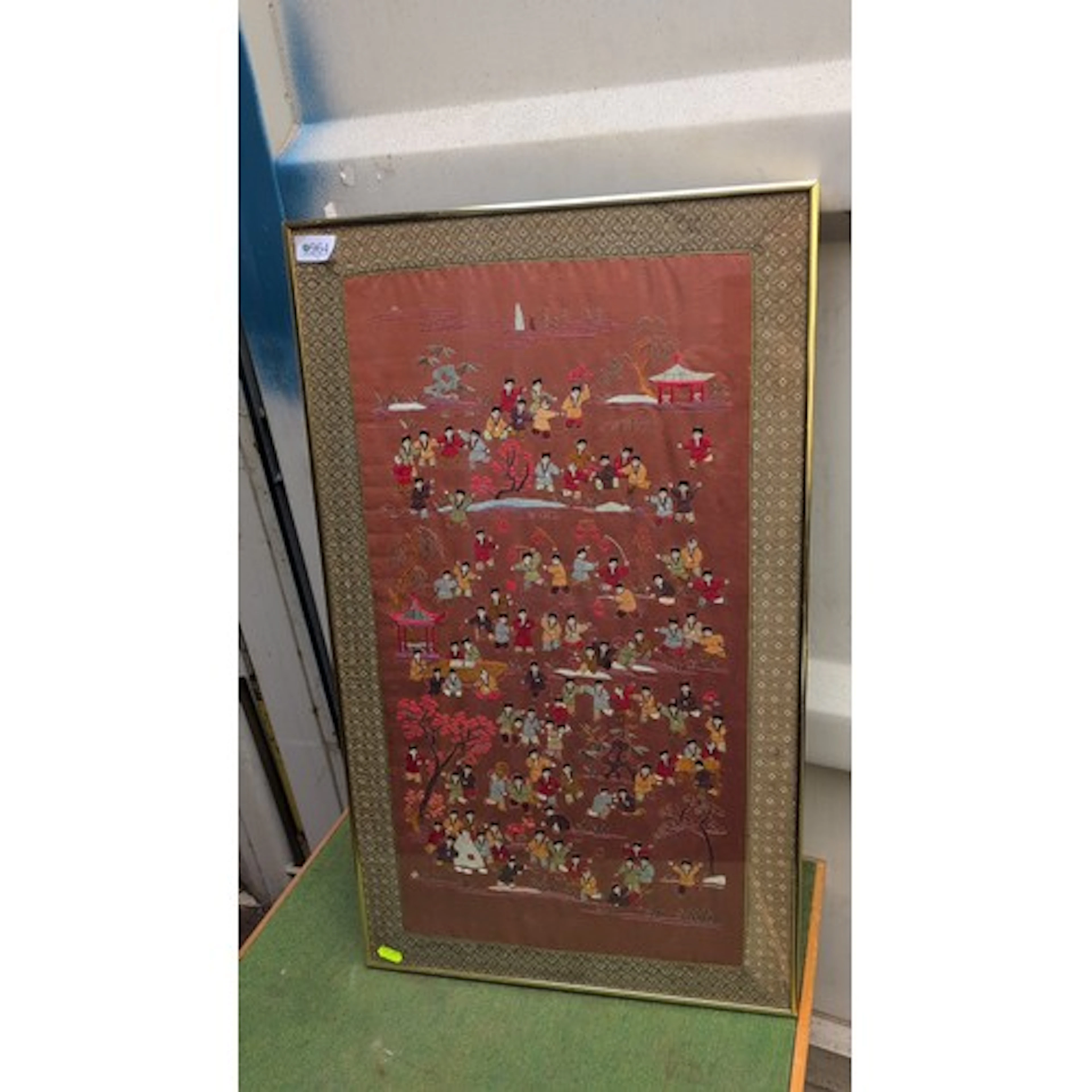 Framed Asian silk embroidery panel depicting a lively garden...