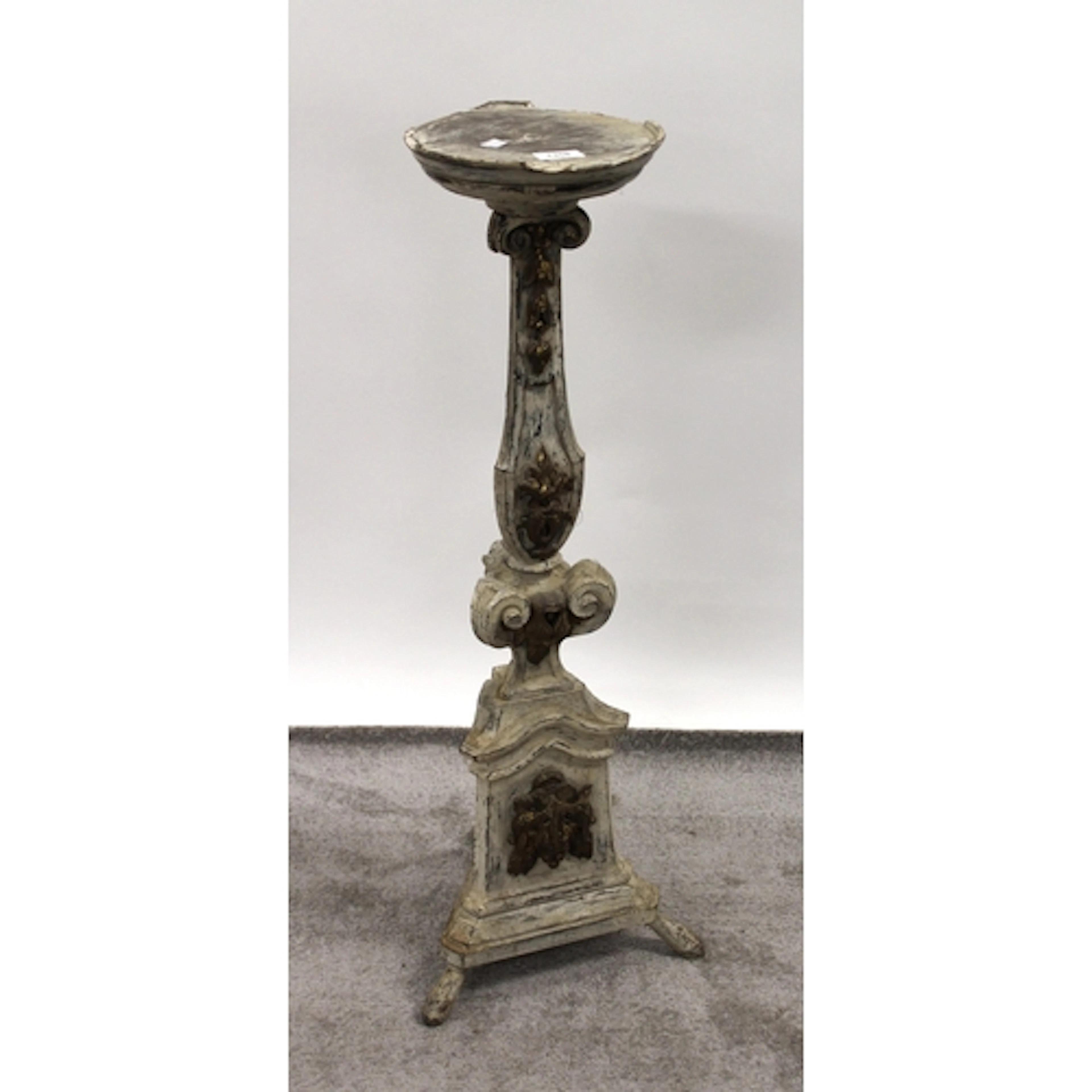 Dutch style painted and carved lamp stand on tri-form base