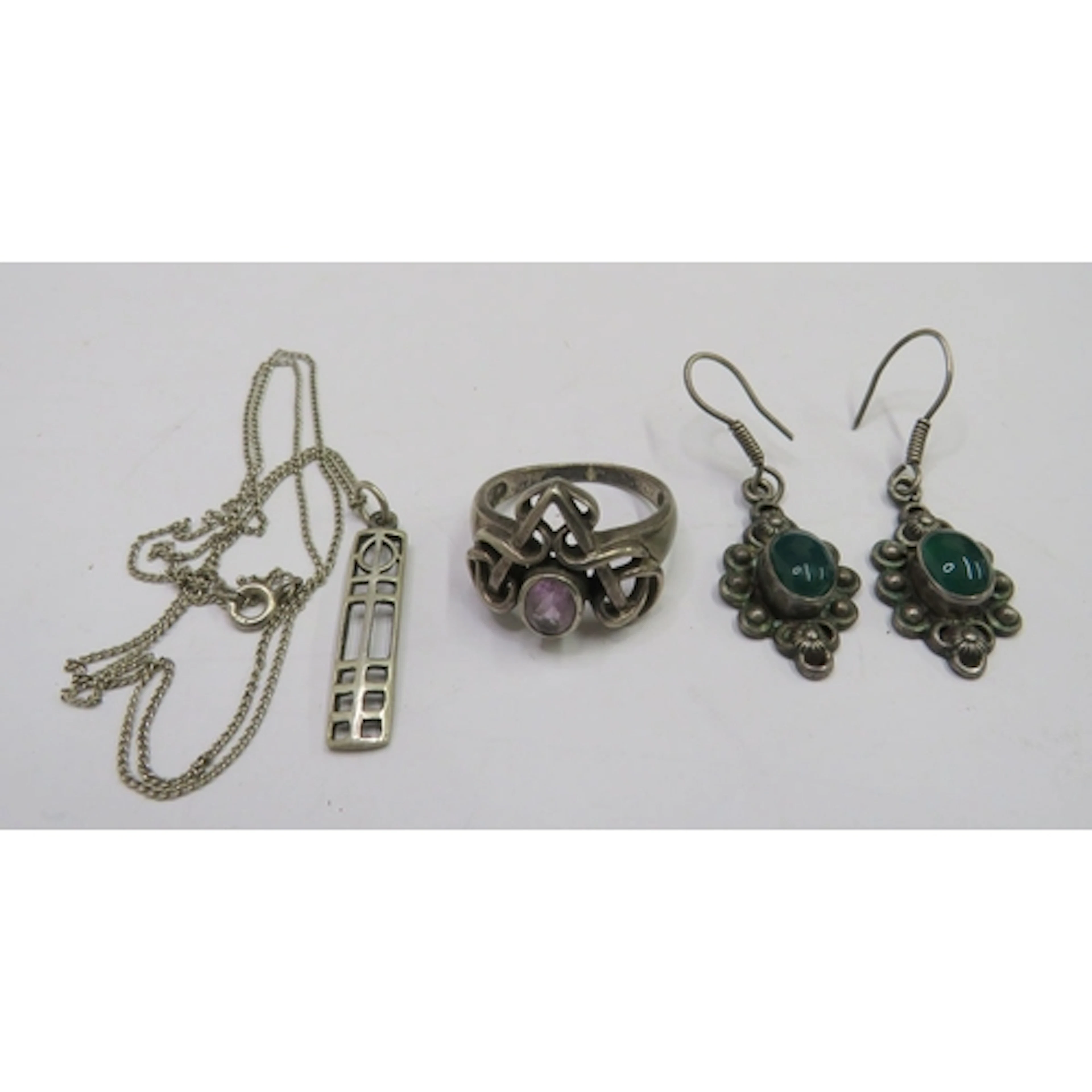 Pair Silver & Cabochon Green Stone Earrings, silver rings wi...