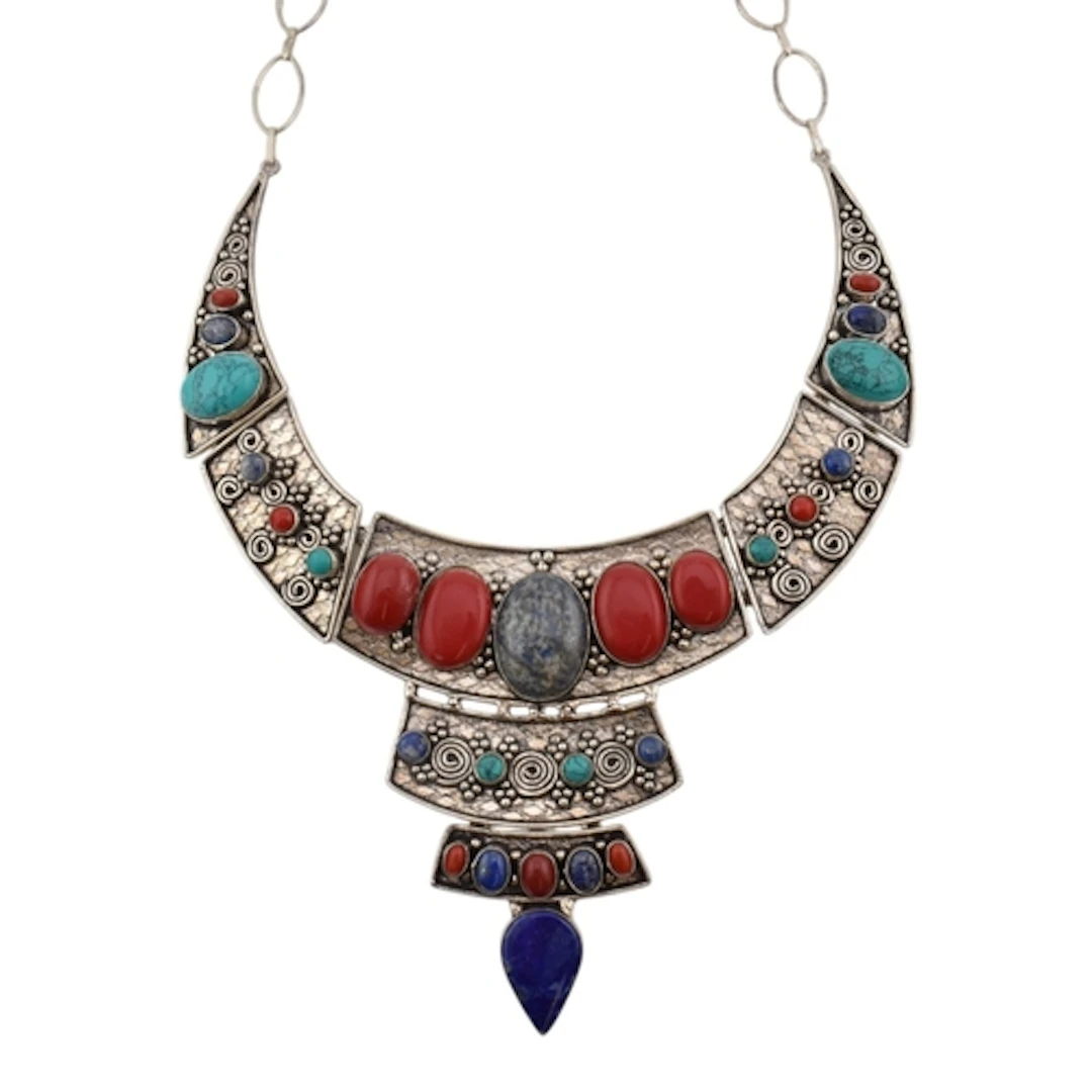 A Turkman style silver coral, turquoise and lapis lazuli sta...
