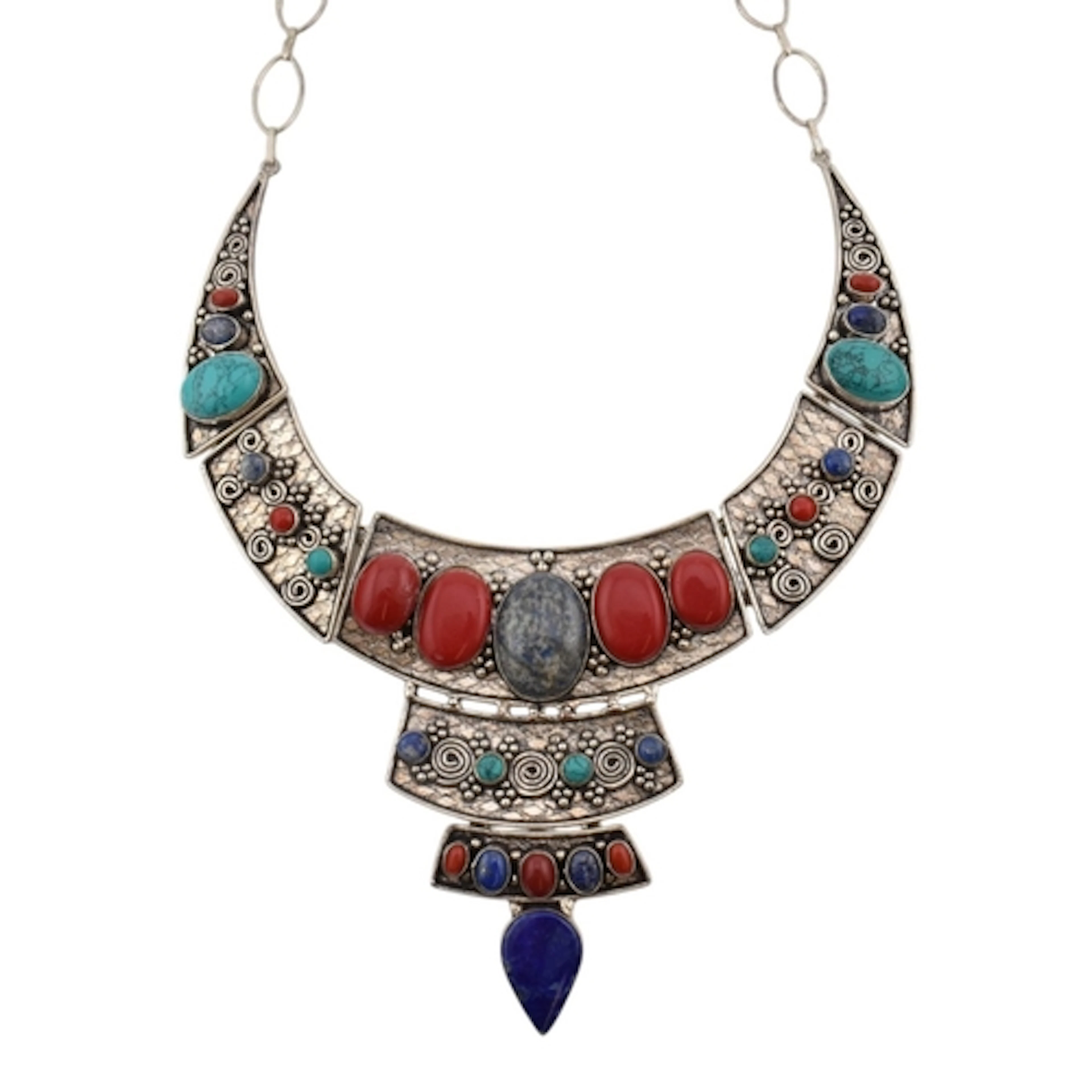 A Turkman style silver coral, turquoise and lapis lazuli sta...