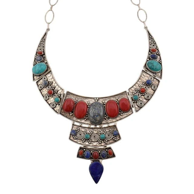 A Turkman style silver coral, turquoise and lapis lazuli sta...