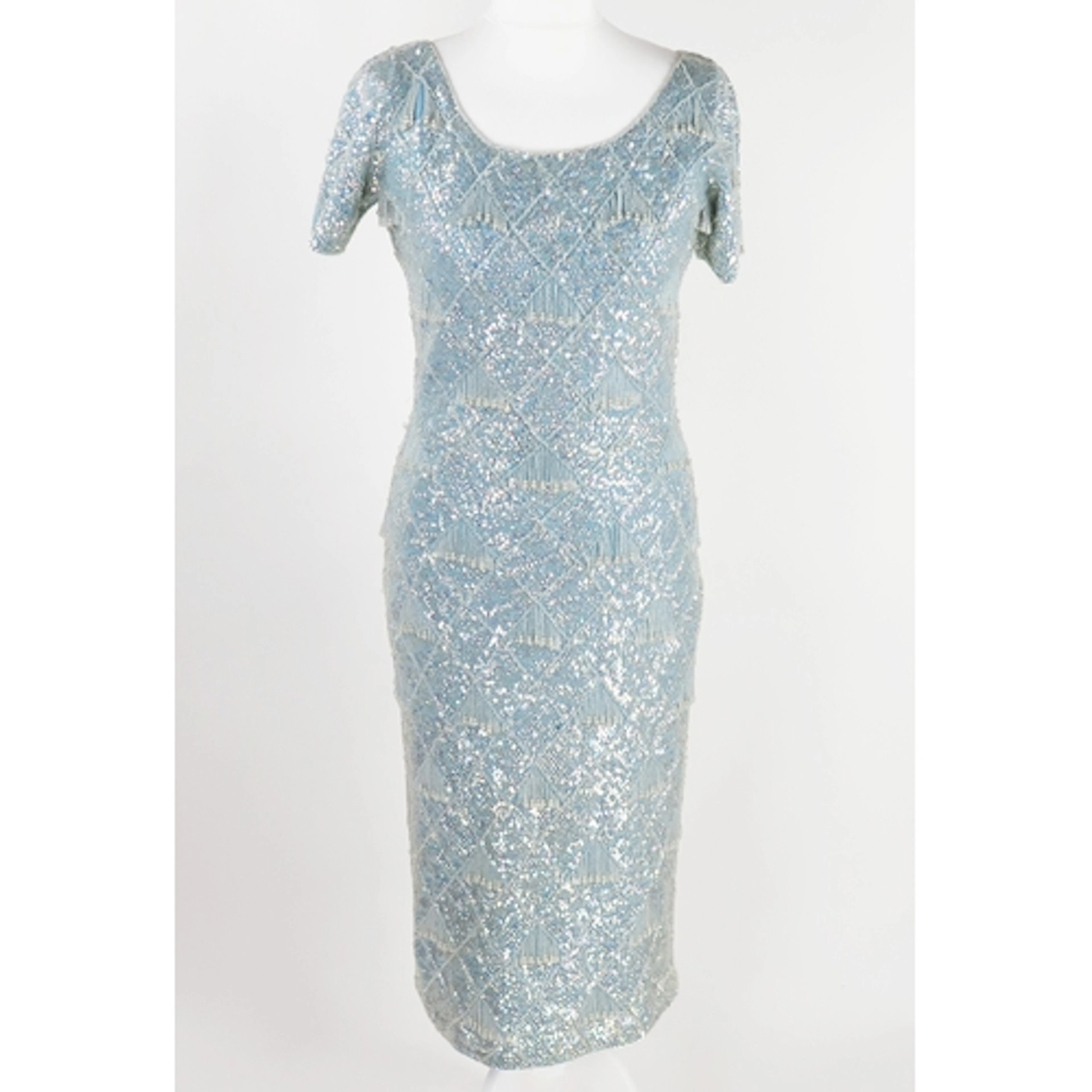Cerimode - vintage lady's wool sequined cocktail dress in aq...