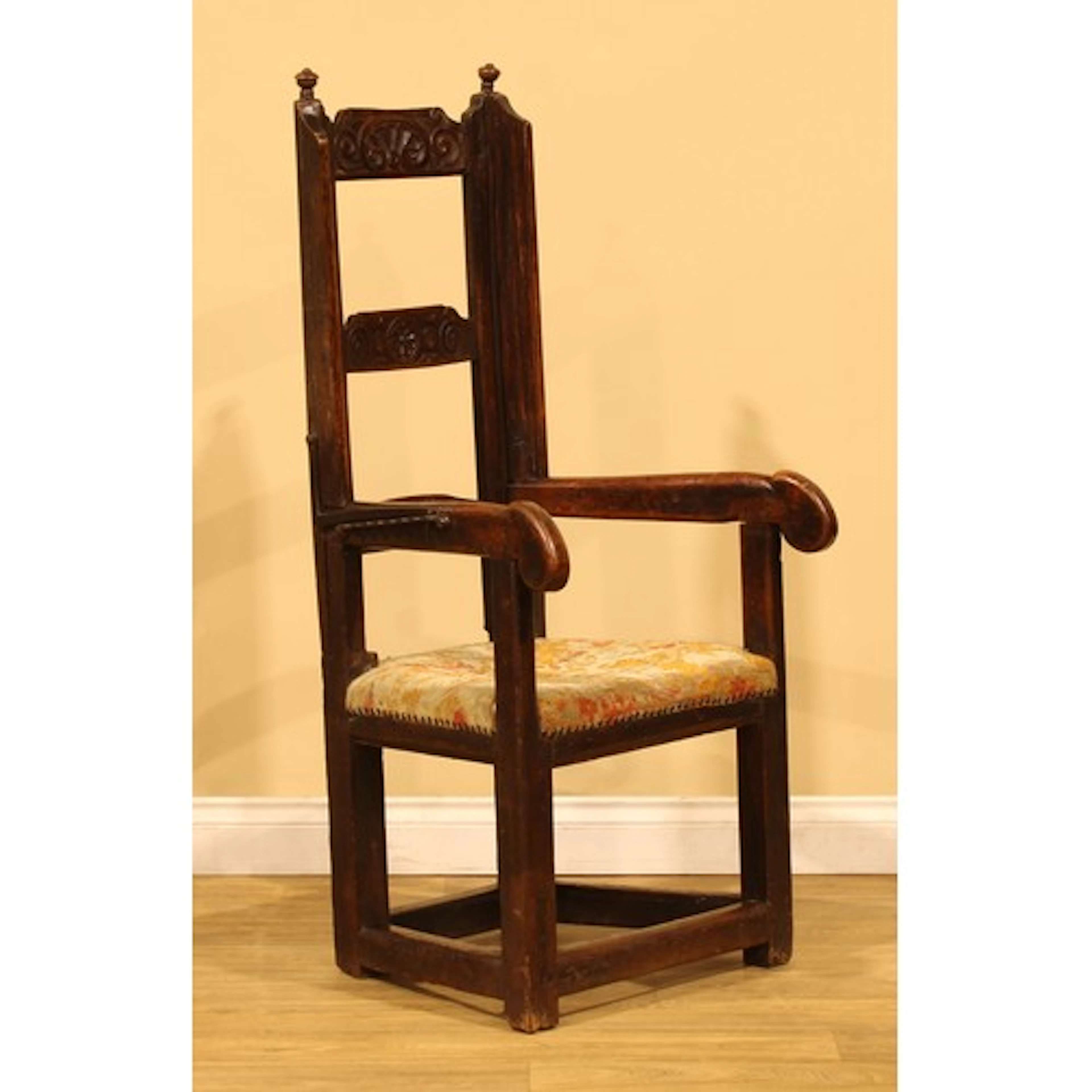 A 17th century oak and walnut sleeping chair, the ladder bac...