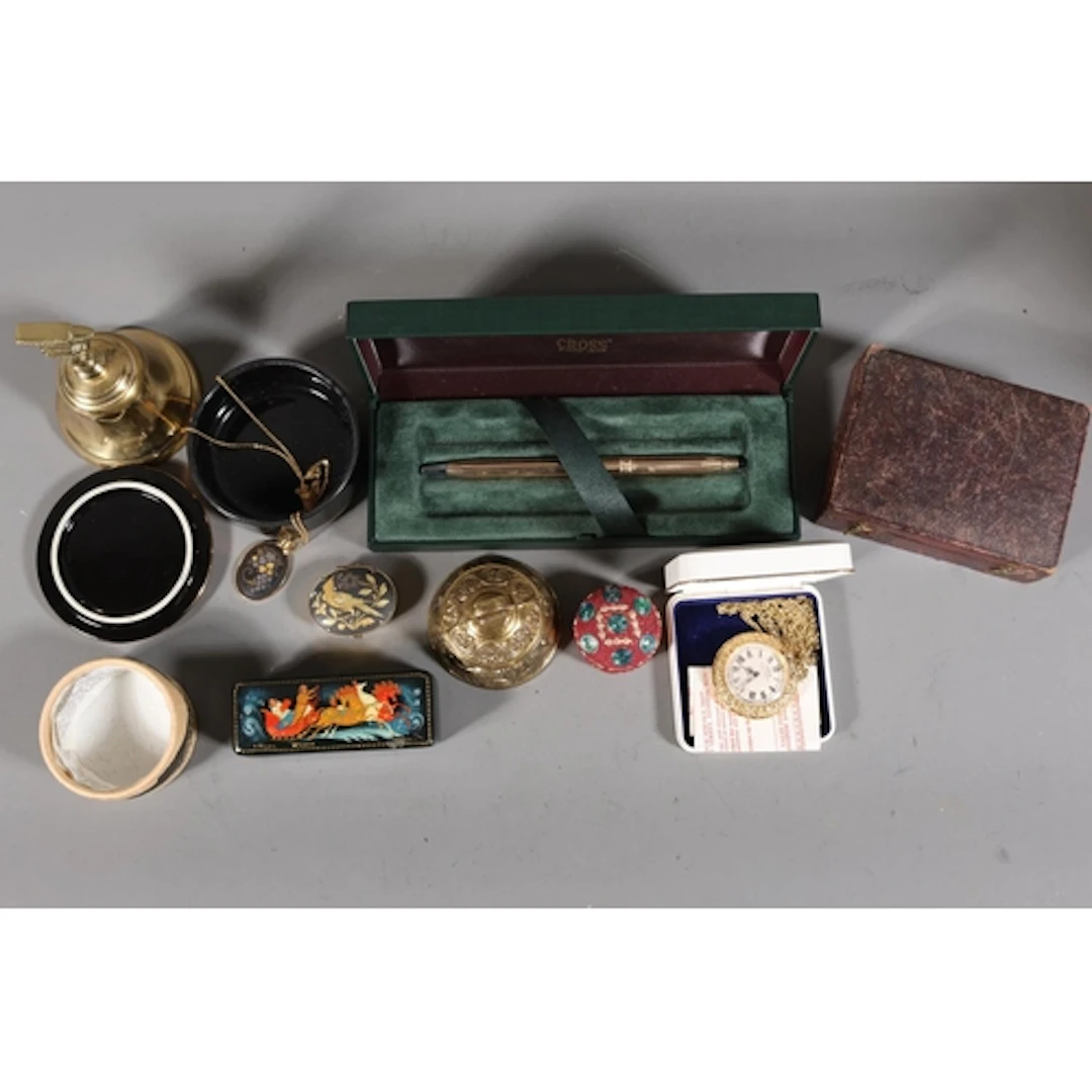 Japanese damascene work pill box and pendant on chain, a Rus...