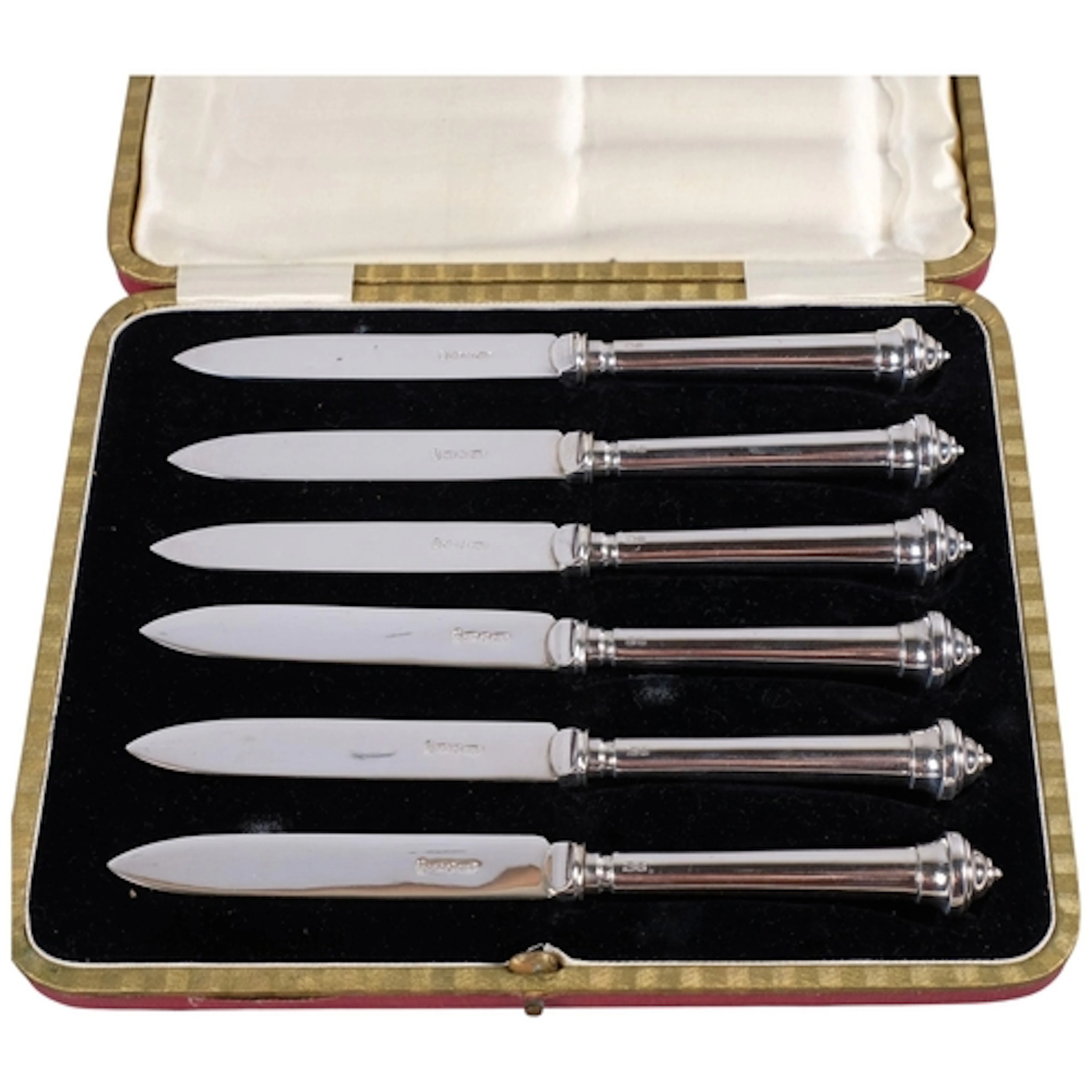 A cased set of 6 George V silver-handled fruit knives, Hukin...