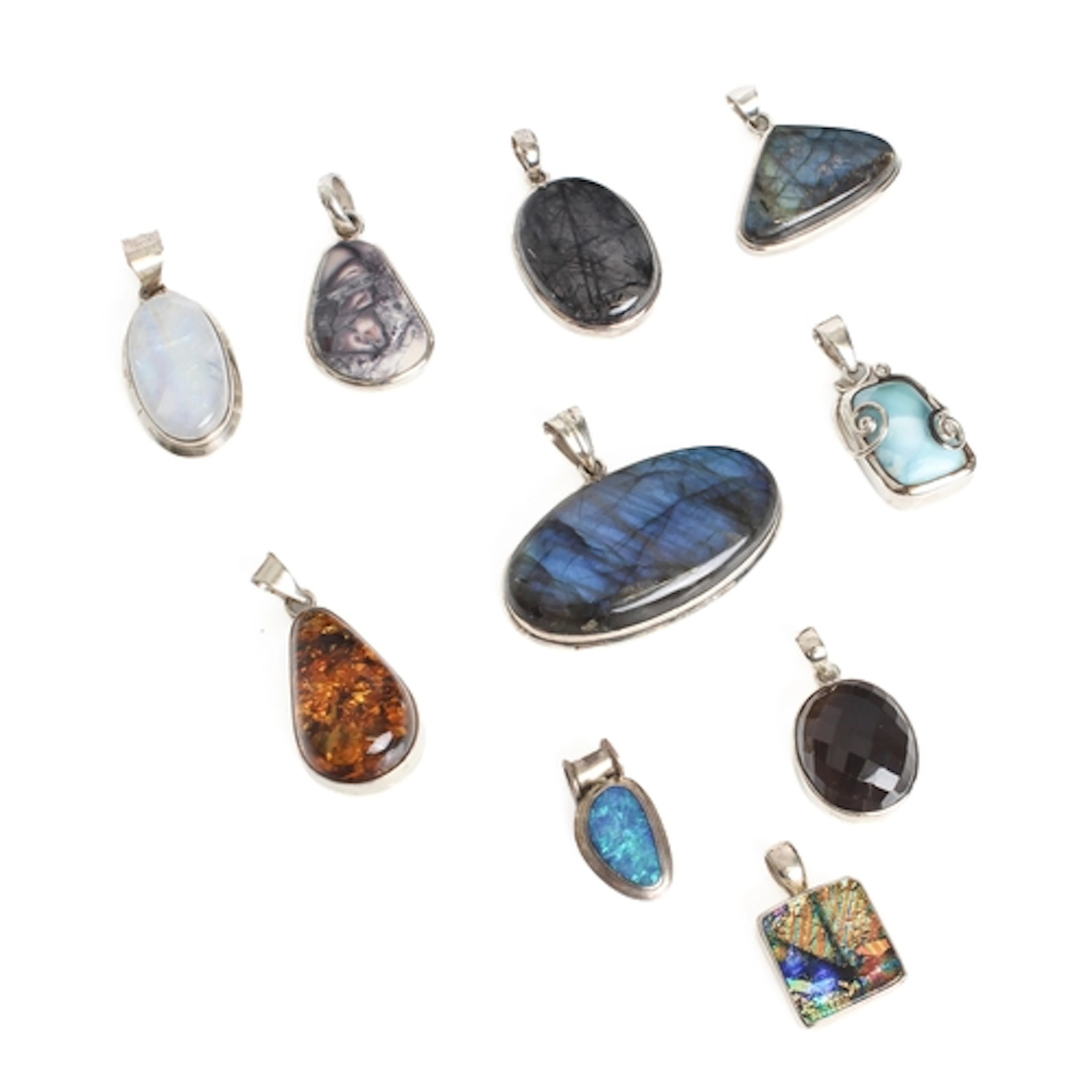 Ten mixed gemstone and sterling silver pendants - including ...