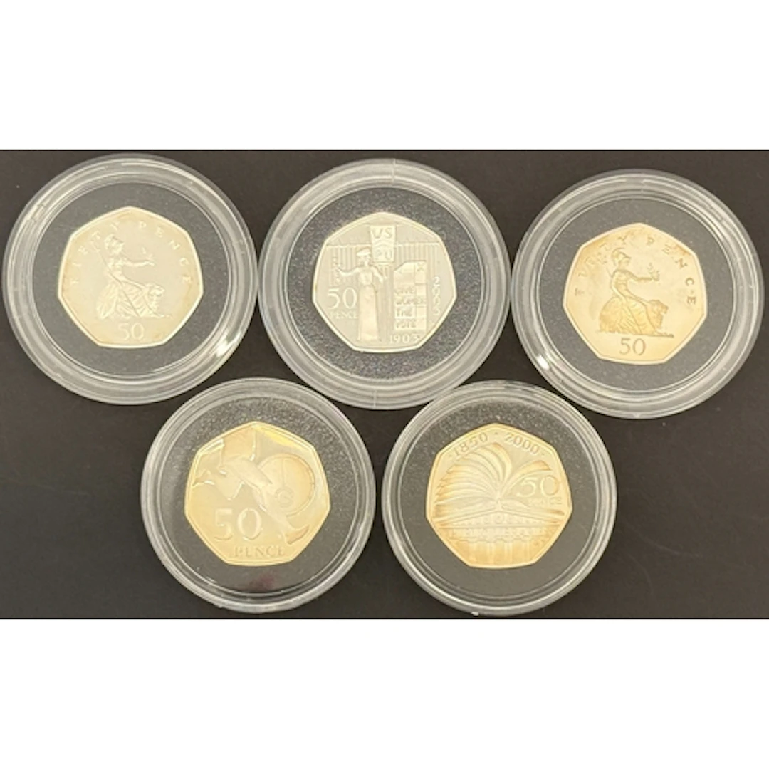 A group of five UK QEII 50p silver proof Piedfort coins, com...