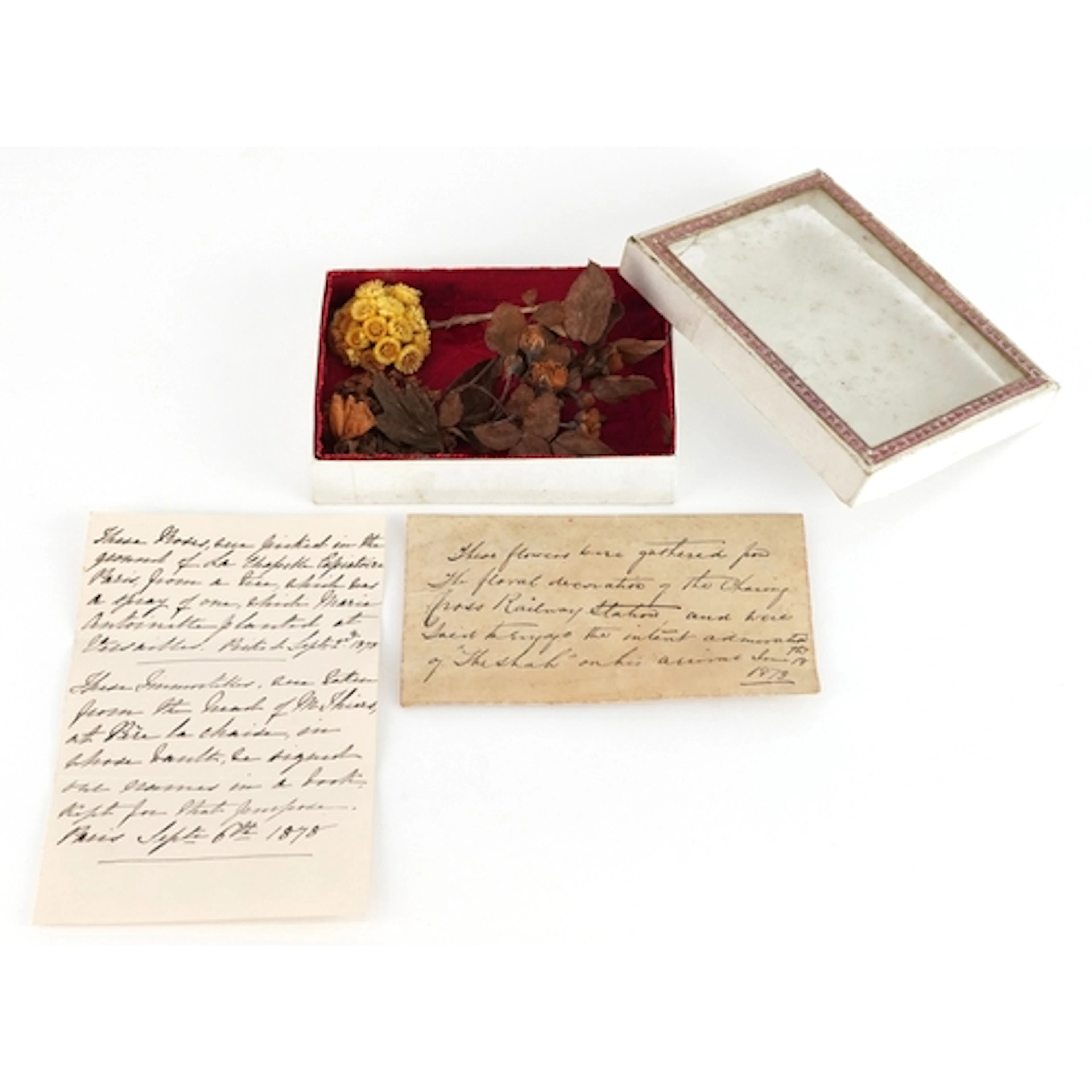 19th century glazed box of dried flowers together with an en...