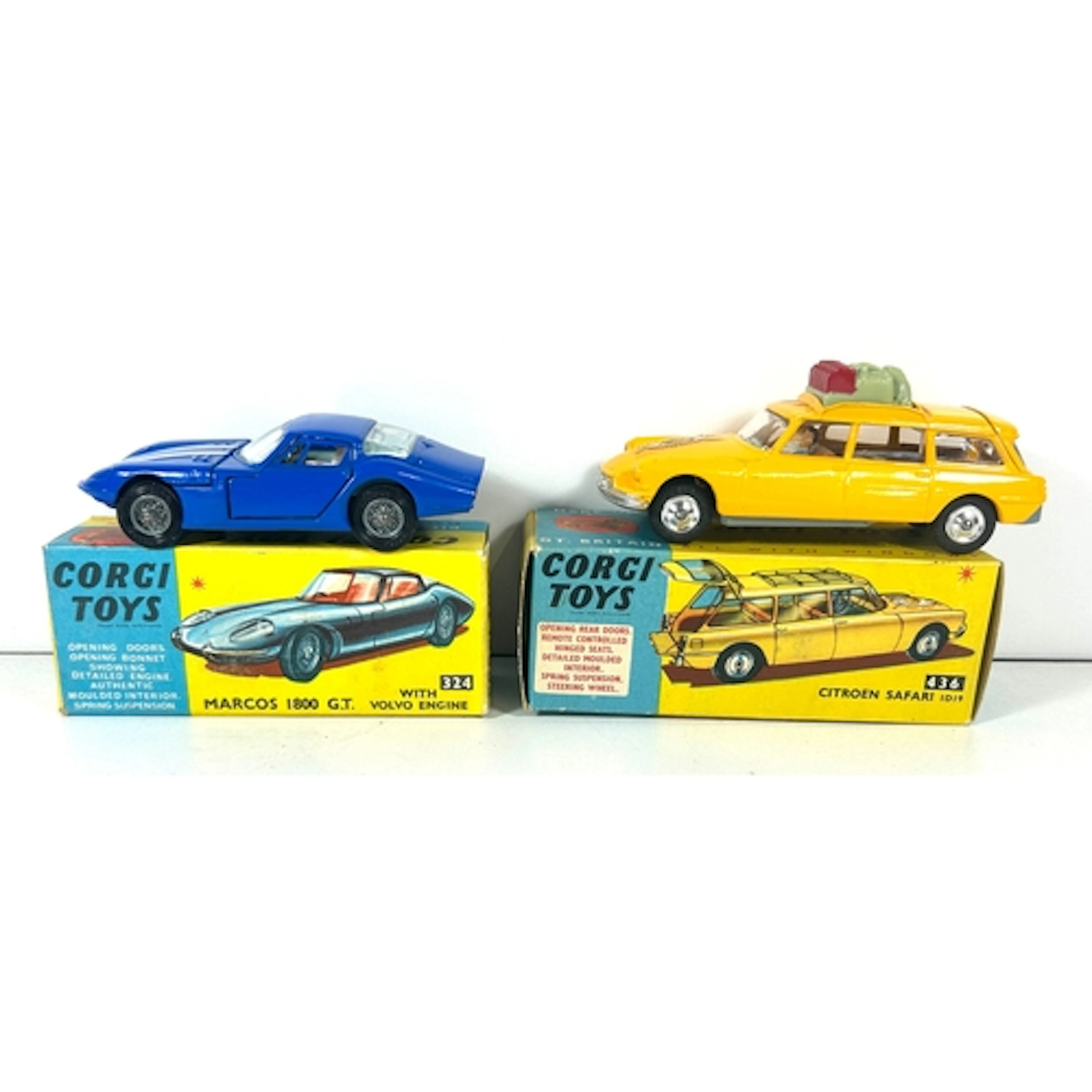 2 Corgi Toys. Marcos 1800 G.T. (324). Example in blue with w...