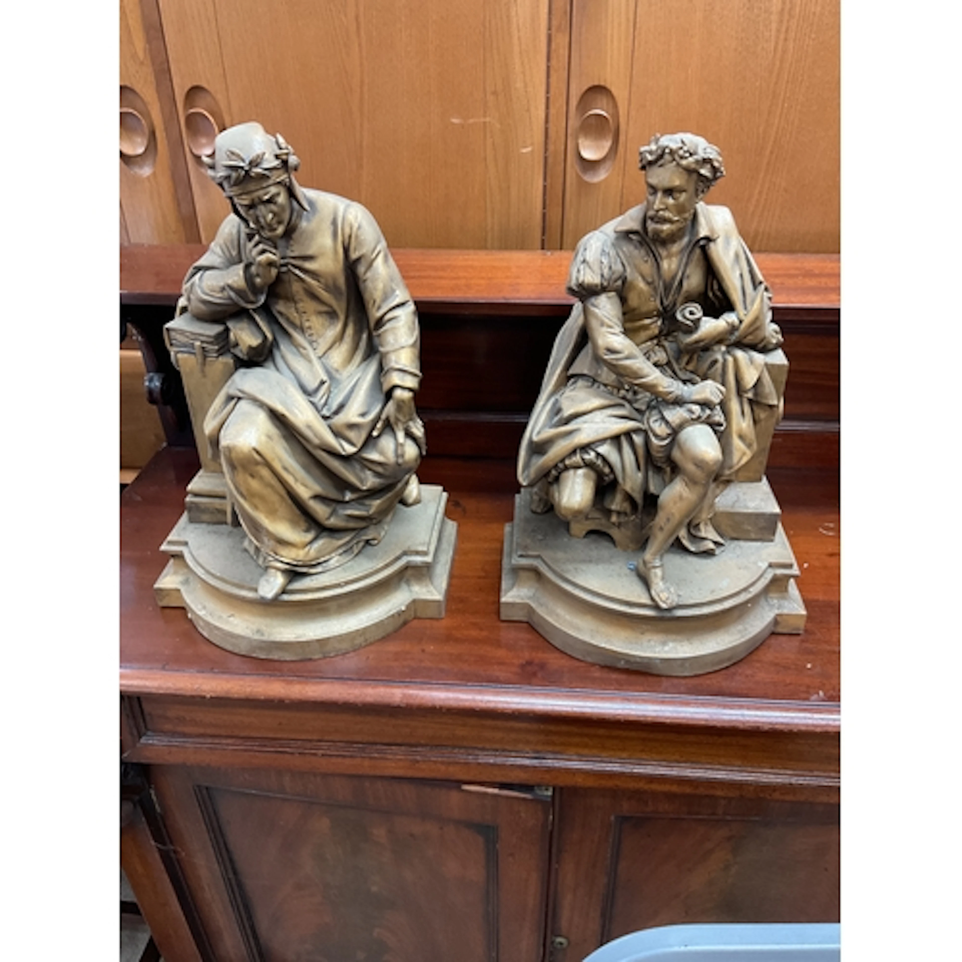 Large Victorian cast metal figures of seated Dante and Shake...