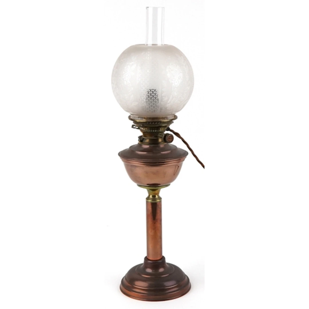 Vintage Hinks Duplex no. 2 oil lamp with acid etched glass s...