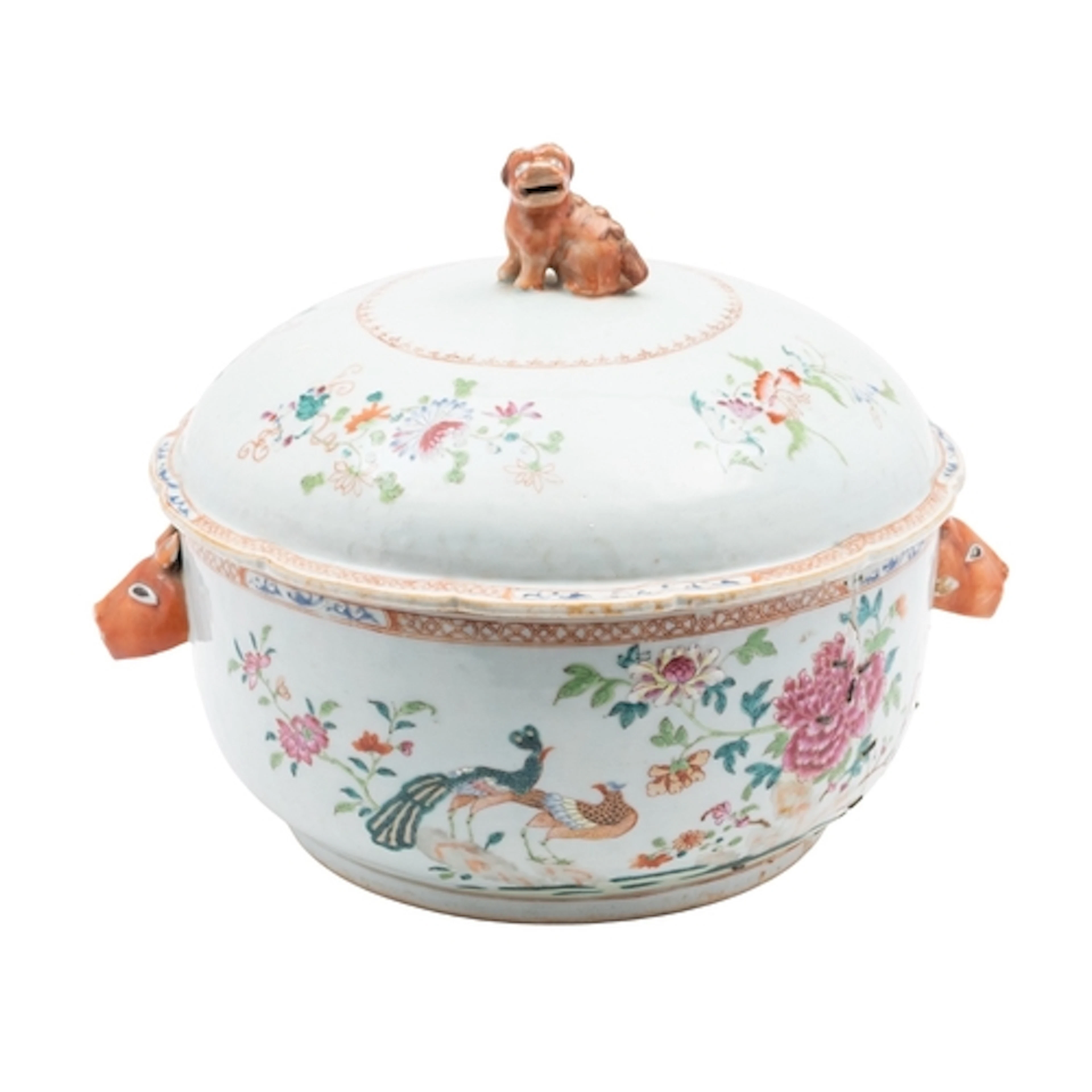 A Chinese porcelain soup tureen of circular form with rabbit...