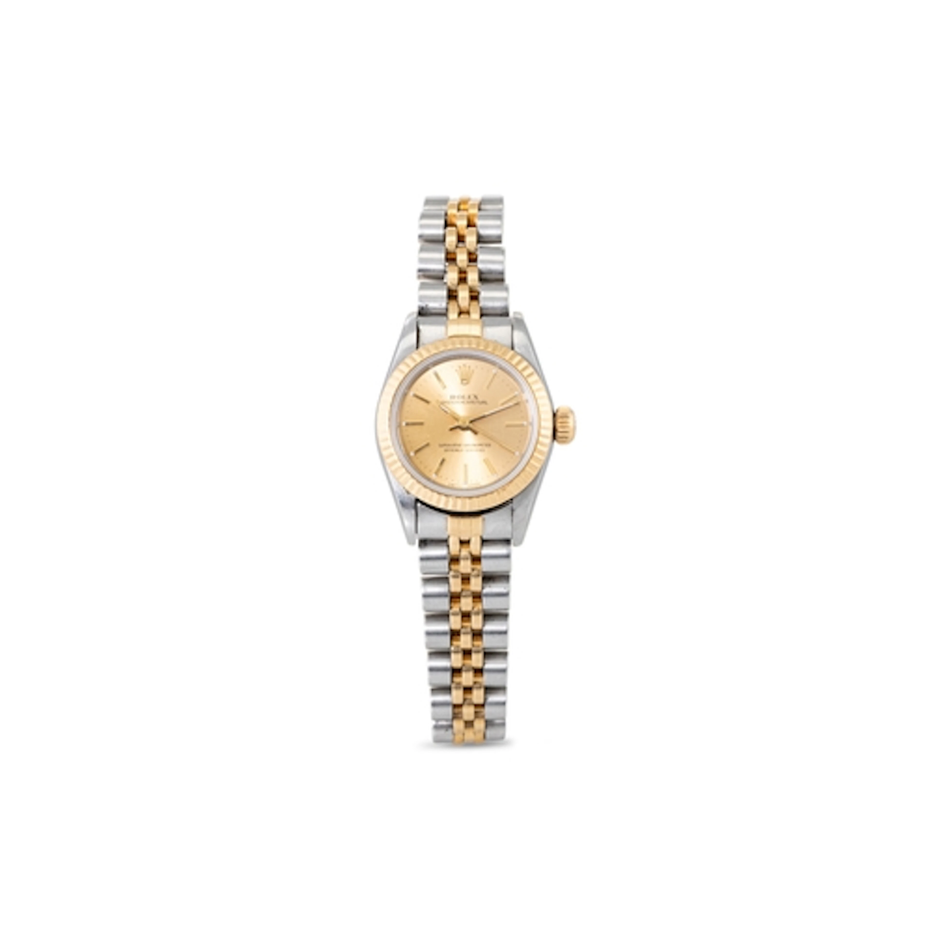 A ROLEX OYSTER PERPETUAL BI-METAL WRIST WATCH, gold toned fa...