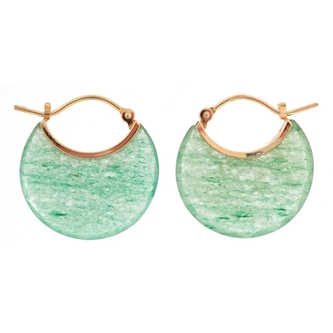 Pair of 10K gold green stone hoop earrings, tests as jade, 2...