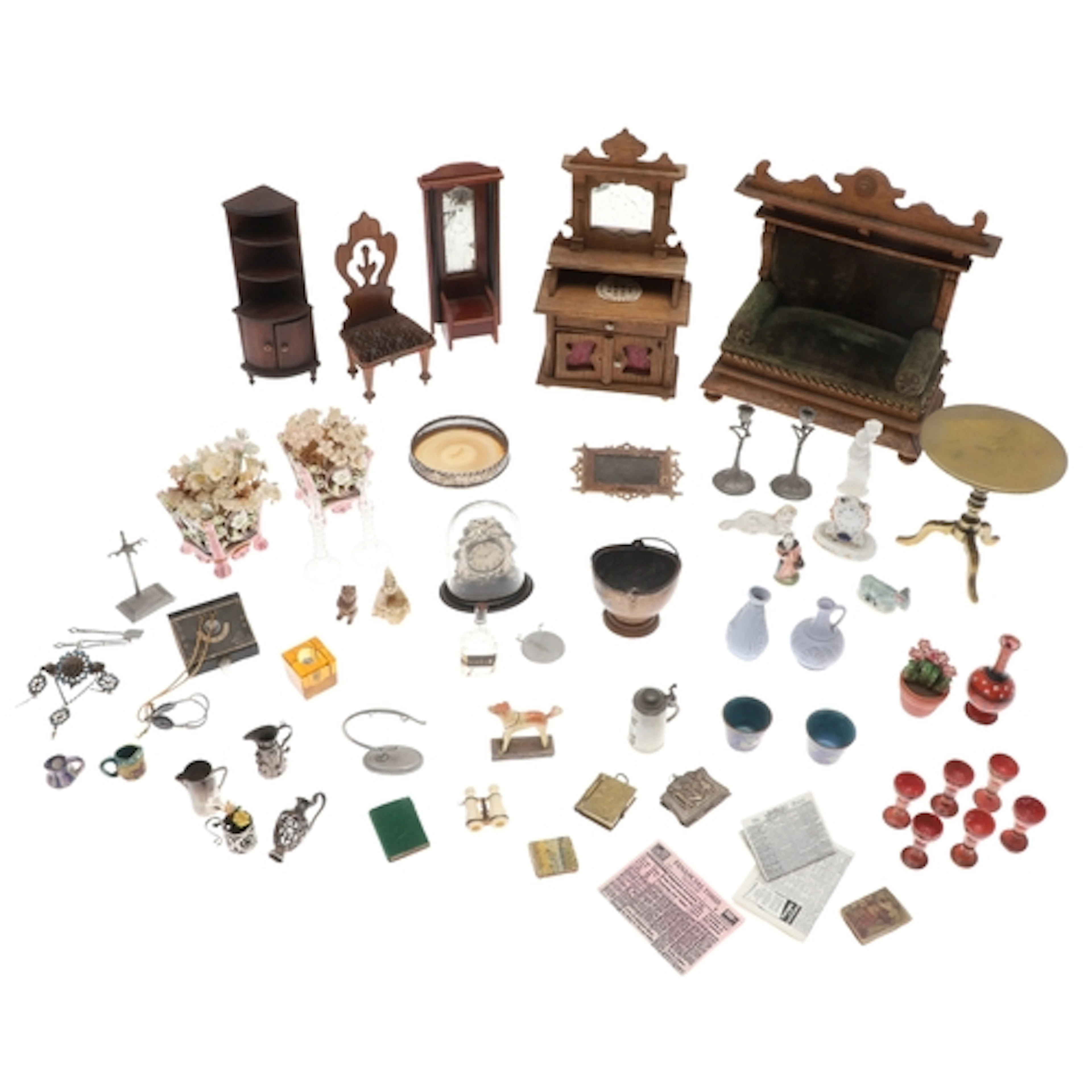 DOLLS HOUSE FURNITURE & ACCESSORIES. Including an upholstere...