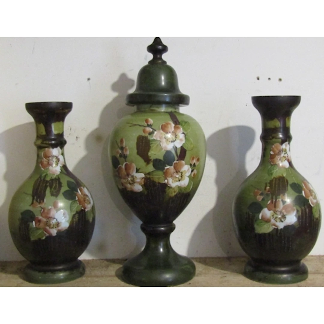 Three Piece Garniture Set Including Vase with Original Cover...