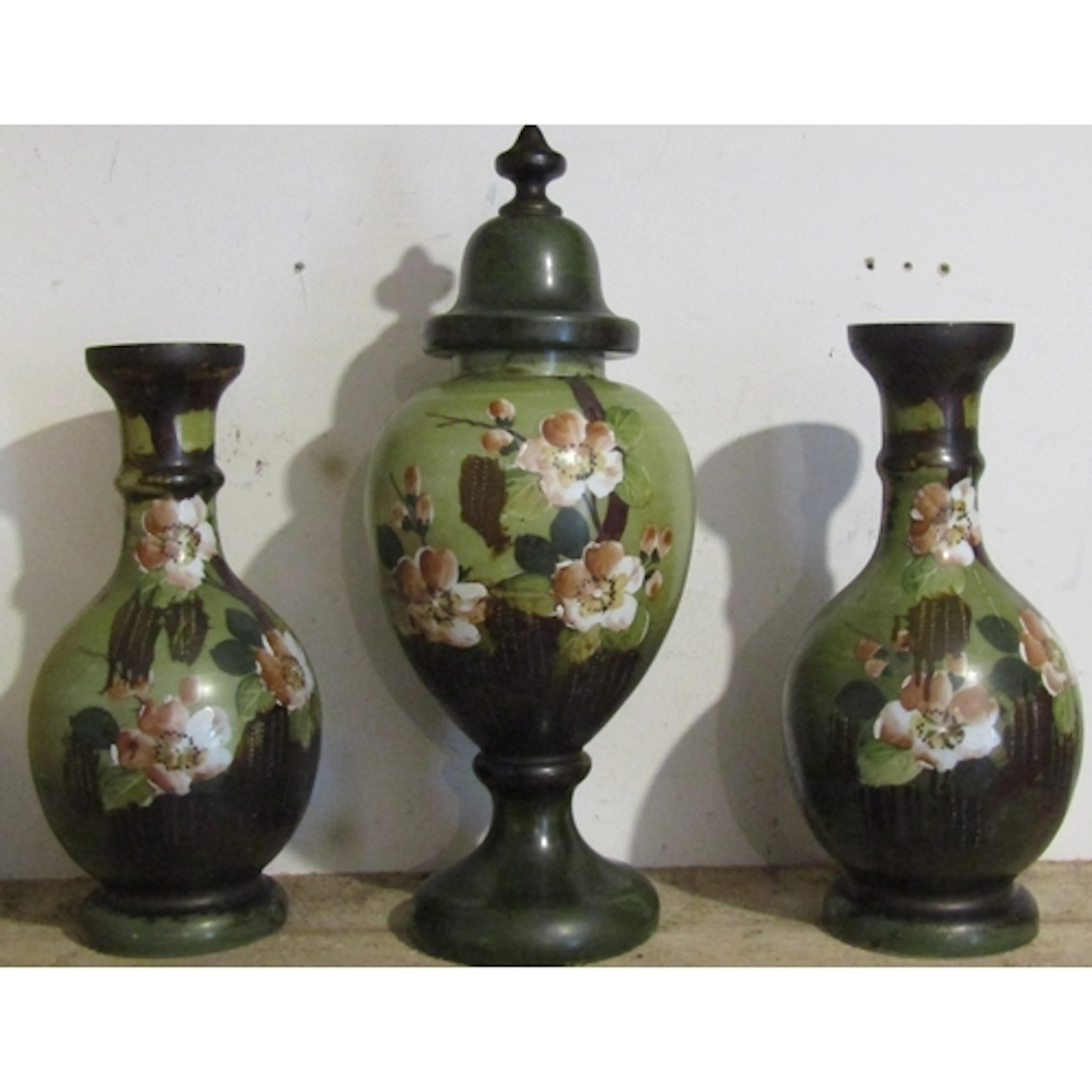 Three Piece Garniture Set Including Vase with Original Cover...
