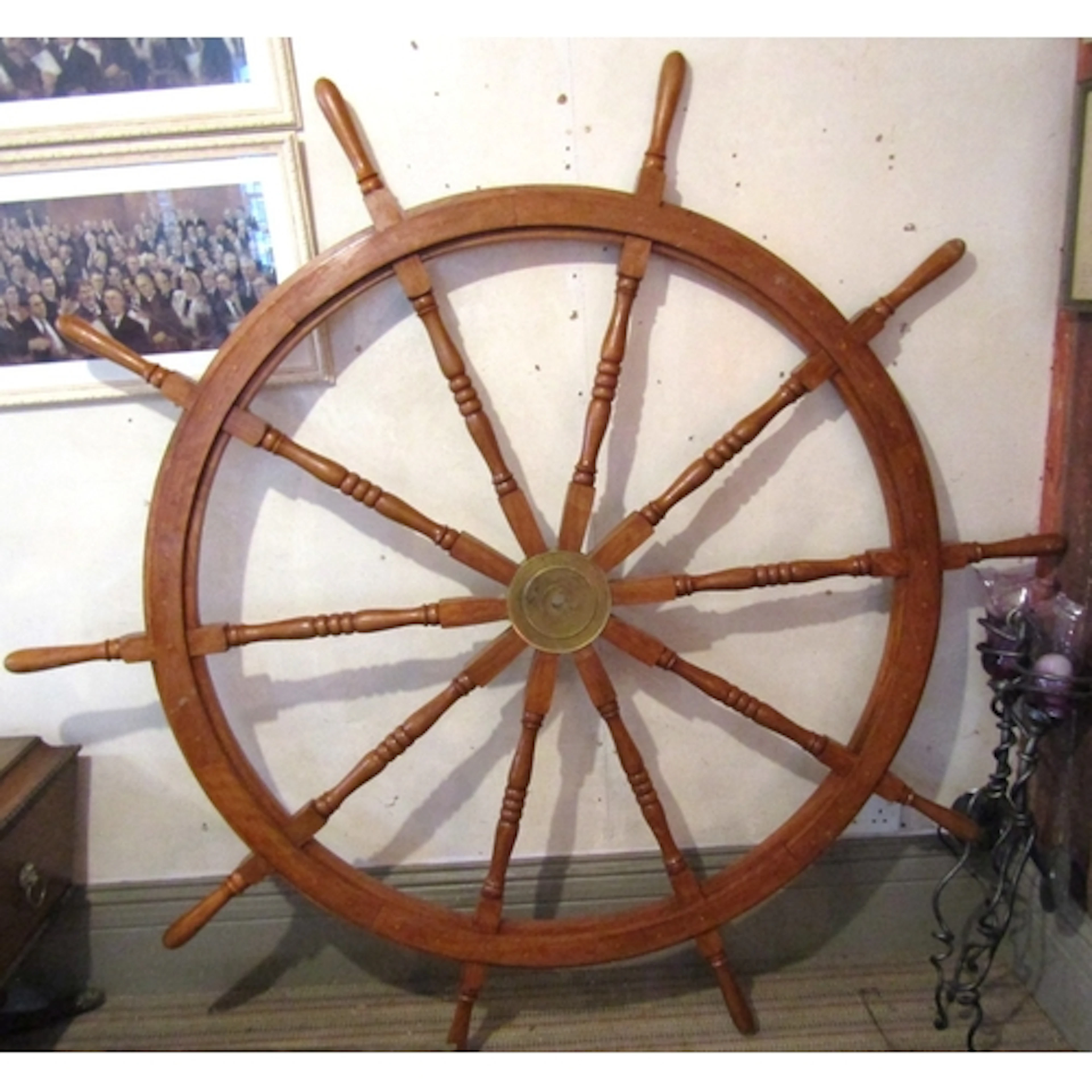 Large Ships Wheel Centre Brass Panel Approximately 5ft 6 Inc...