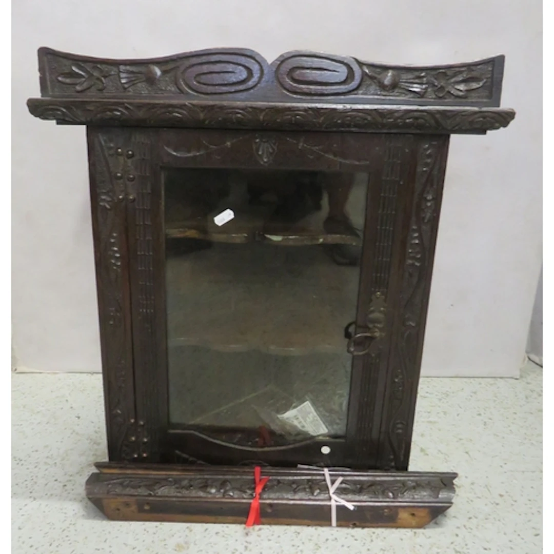 Antique Dark stained Oak Wall Hanging Corner Cabinet, top wi...