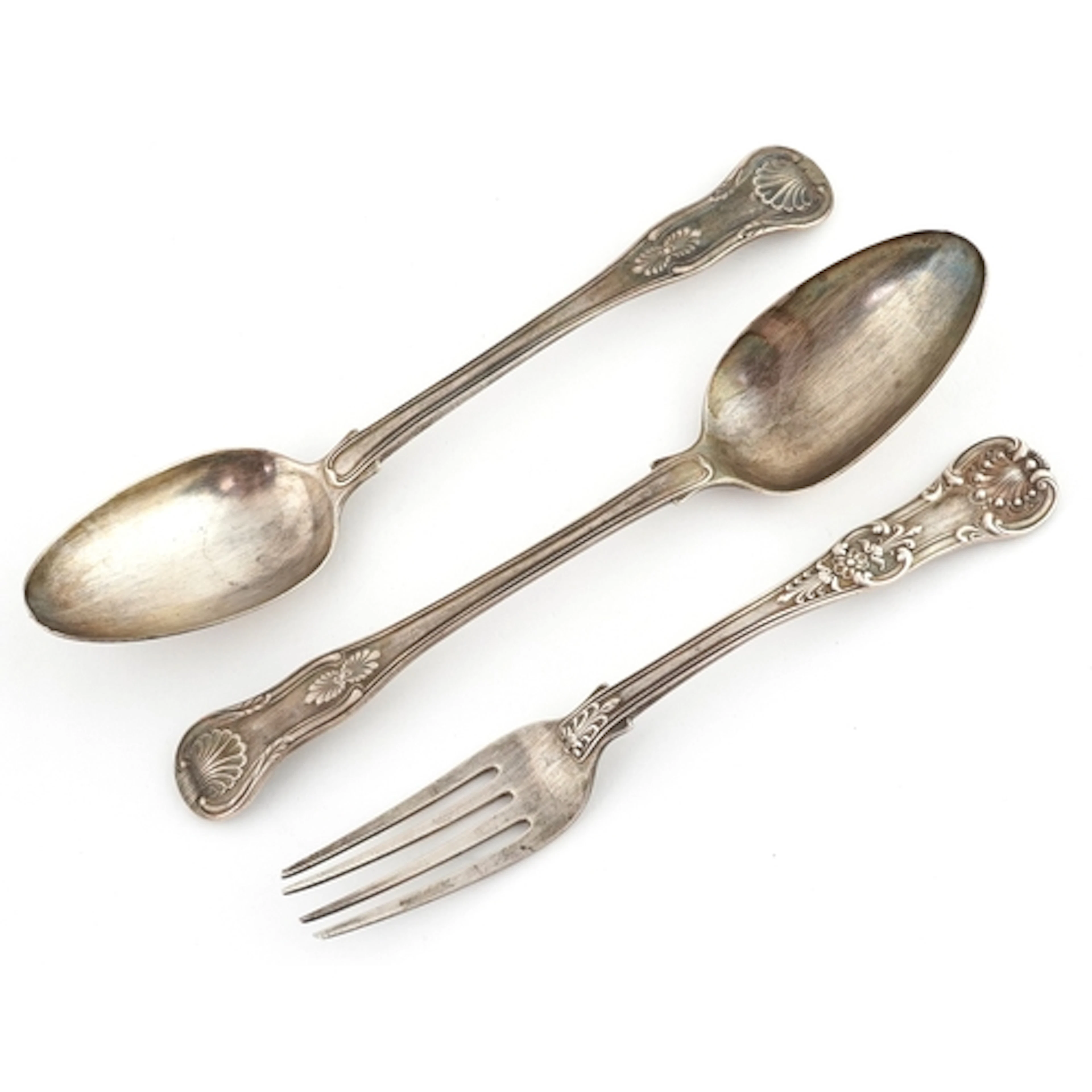 Pair of William Eaton silver table spoons and matching fork,...